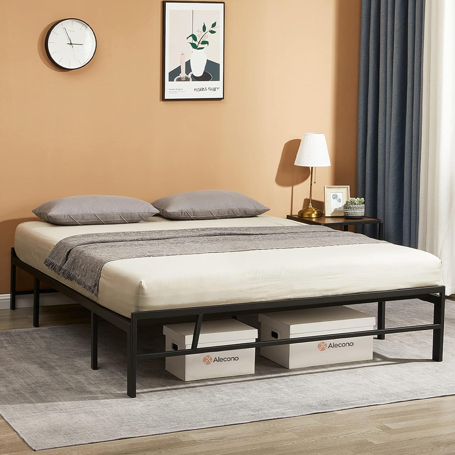 Alecono Heavy Duty Twin Metal Bed Frame with Wood Headboard, Non-Slip Sturdy Steel Bed Platform Mattress Foundation No Box Spring Needed, Black