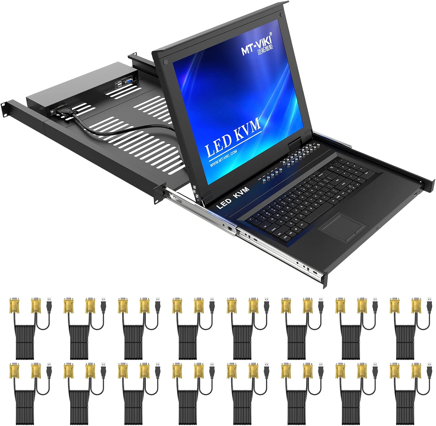 MT-VIKI LCD KVM Console 16 Port VGA Rack Mount KVM Switch with 17-inch TFT LED Monitor+ Cables+Drawer+Touchpad 1280x1024