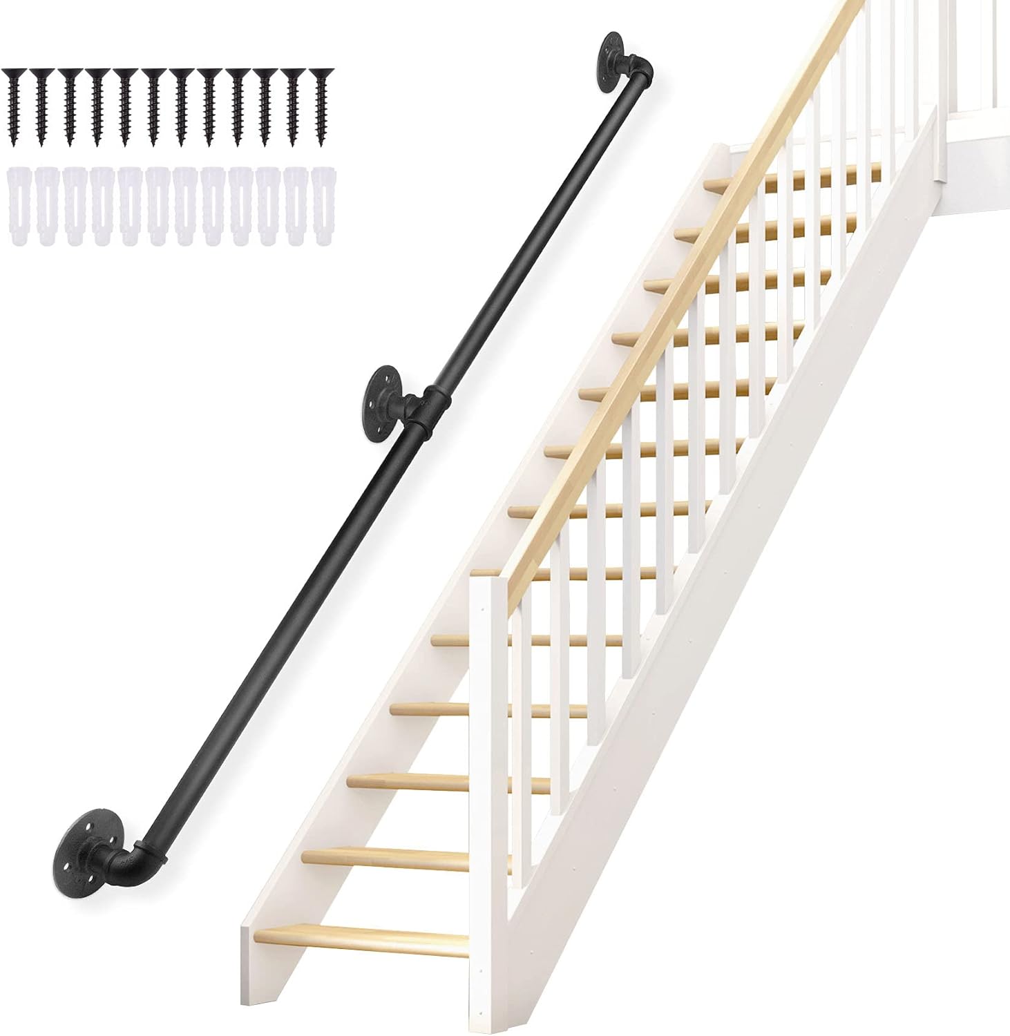 Seeutek Staircase Handrails 10FT Handrails for Indoor Stairs Stair Railing Hand Railings for Stairs Metal Railing Black Wrought Iron Pipe Handrail with Wall Mount Support Pack of 2