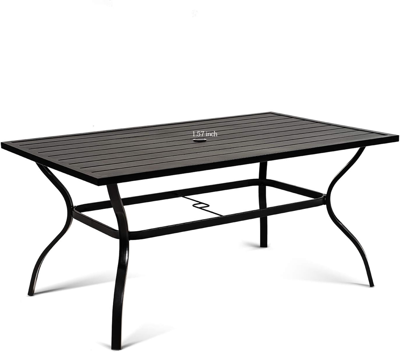 SOLAURA Outdoor Dining Table Patio Steel Slat Table Top for 6-Person/Metal Frame, Umbrella Hole, Indoor or Outdoor, Black