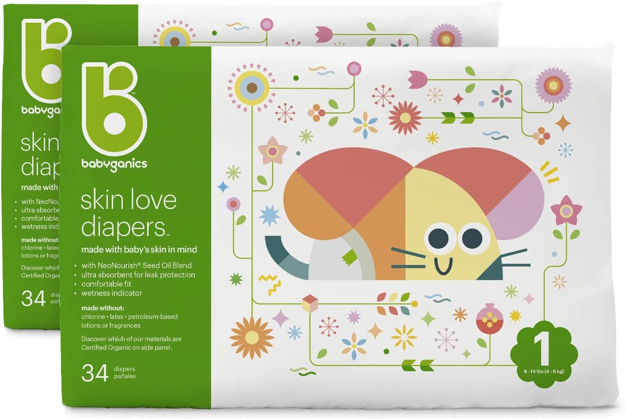 Baby Diapers, Size 2 (12-18 lbs) 216 Count- Babyganics Ultra Absorbent, Unscented, Made without Chlorine, Latex Pack of 2