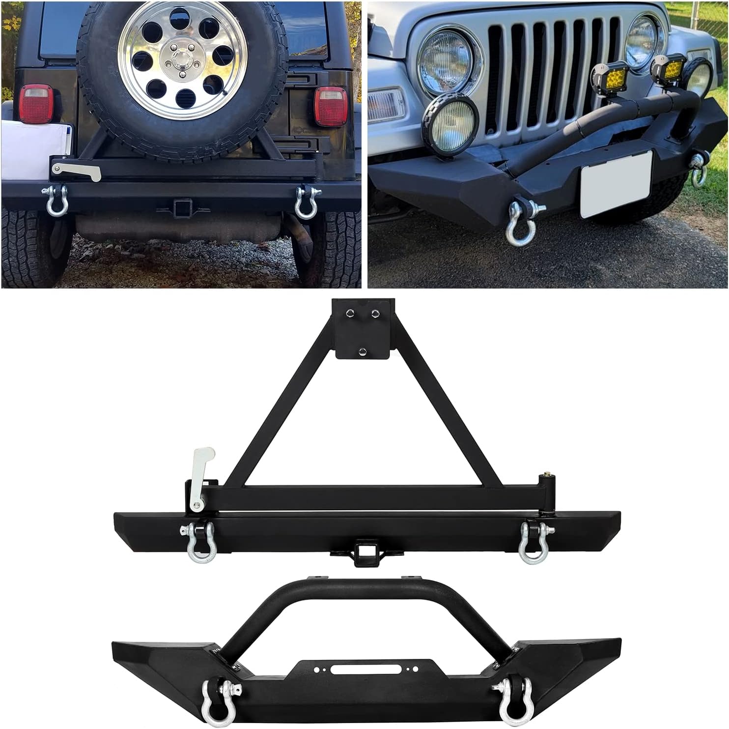 Front And Rear Bumper Compatible With 1987-1996 Jeep Wrangler YJ 1997-2006 TJ Rear Bumper W/Tire Carrier And D-Rings -You will receive three packages