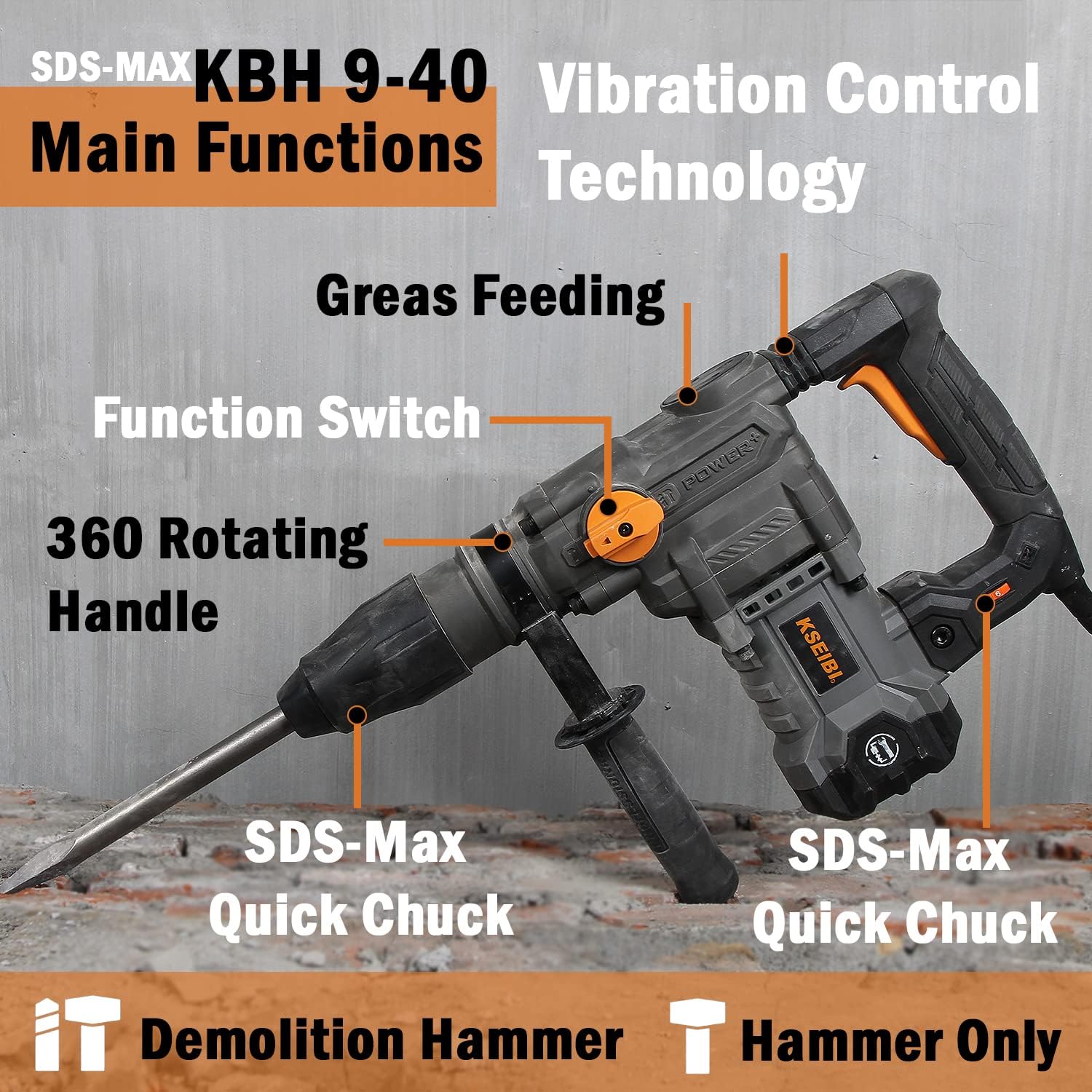 KSEIBI SDS MAX Demolation Rotary Hammer Drill 1-5/8 Inch Concrete Bracker 13Amp (KBH 9-40)