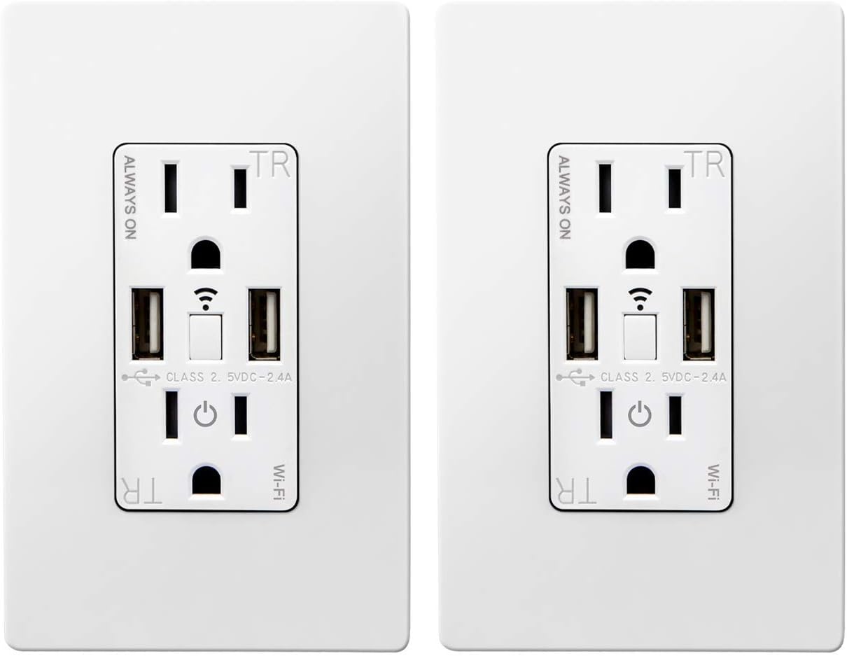 TOPGREENER Smart Wi-Fi In-Wall Tamper Resistant Dual USB Charger Outlet, Energy Monitoring, Compatible with Alexa, Google Assistant, IFTTT, 15A Receptacle, No Hub Required, TGWF215U2AM, 2-Pack