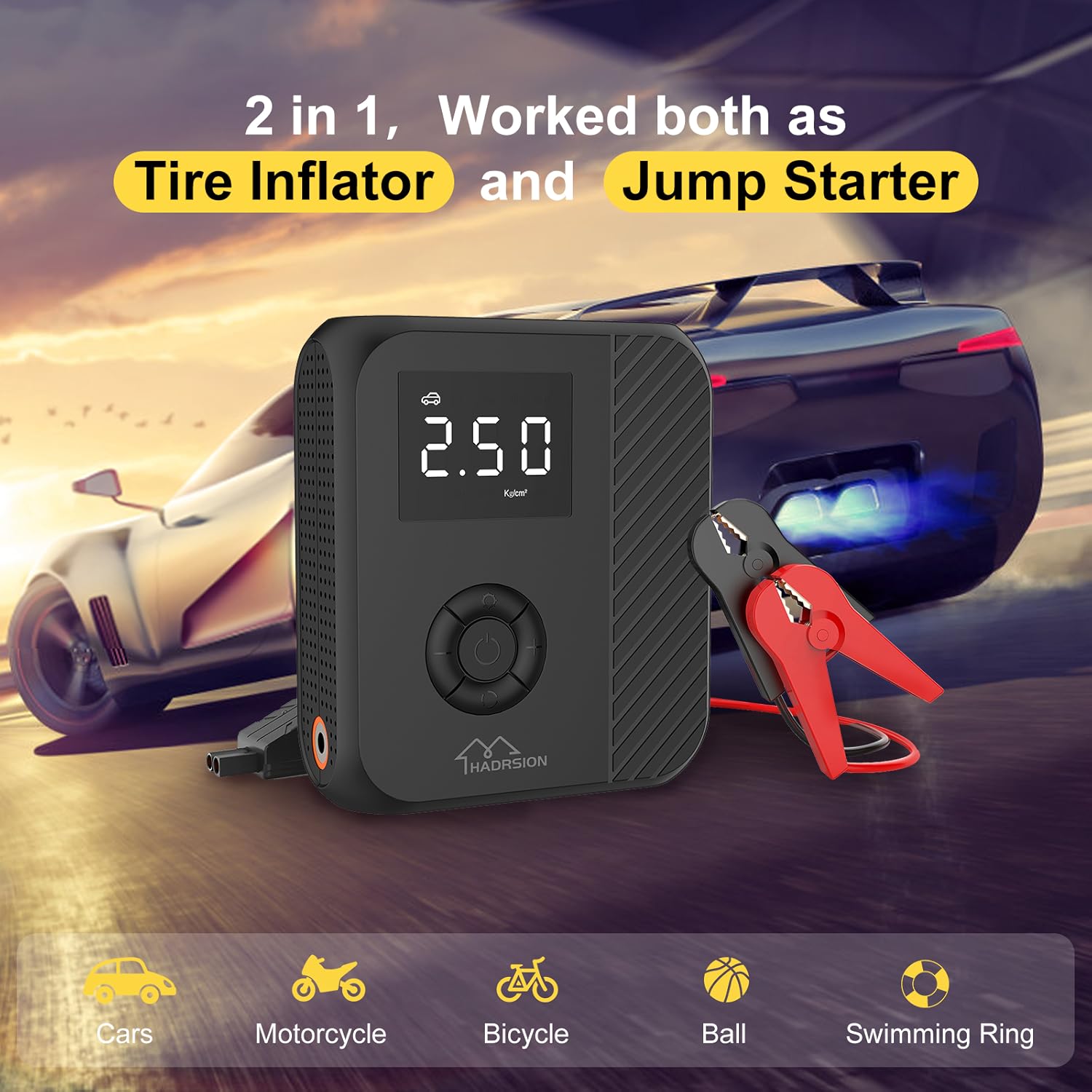 Car Tire Inflator and Jump Starter, 12000mAh,150PSI Portable Air Compressor for Car Tires, Cordless Tire Infiator with Digital LCD Screen, Auto Shutoff Pack of 2