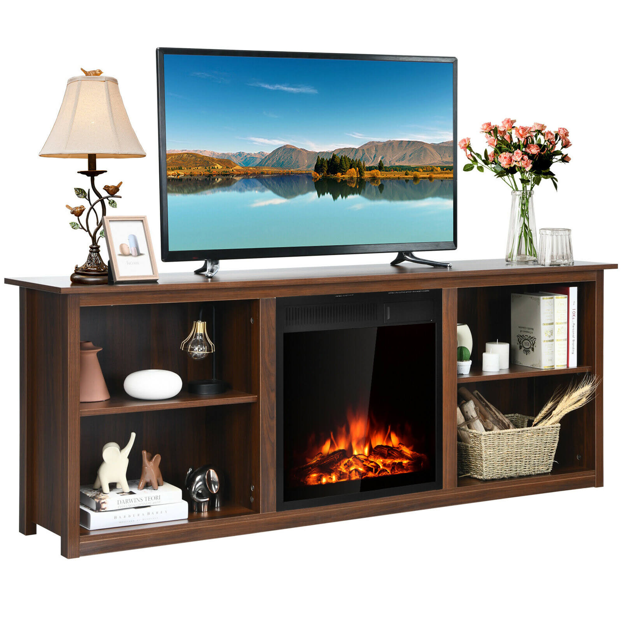 Gymax 70&& 2-Tier TV Fireplace Stand w/22.5&& Electric Fireplace Up to 75&& Walnut