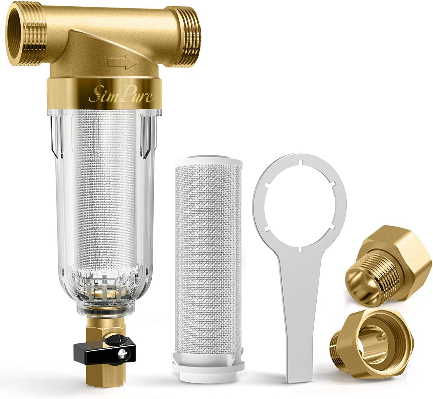 SimPure 40 Micron Spin Down Sediment Filter, Plus Extra 200μm Element, Reusable Whole House Sediment Water Filter, Pre-Filtration System for City/Well water, 1