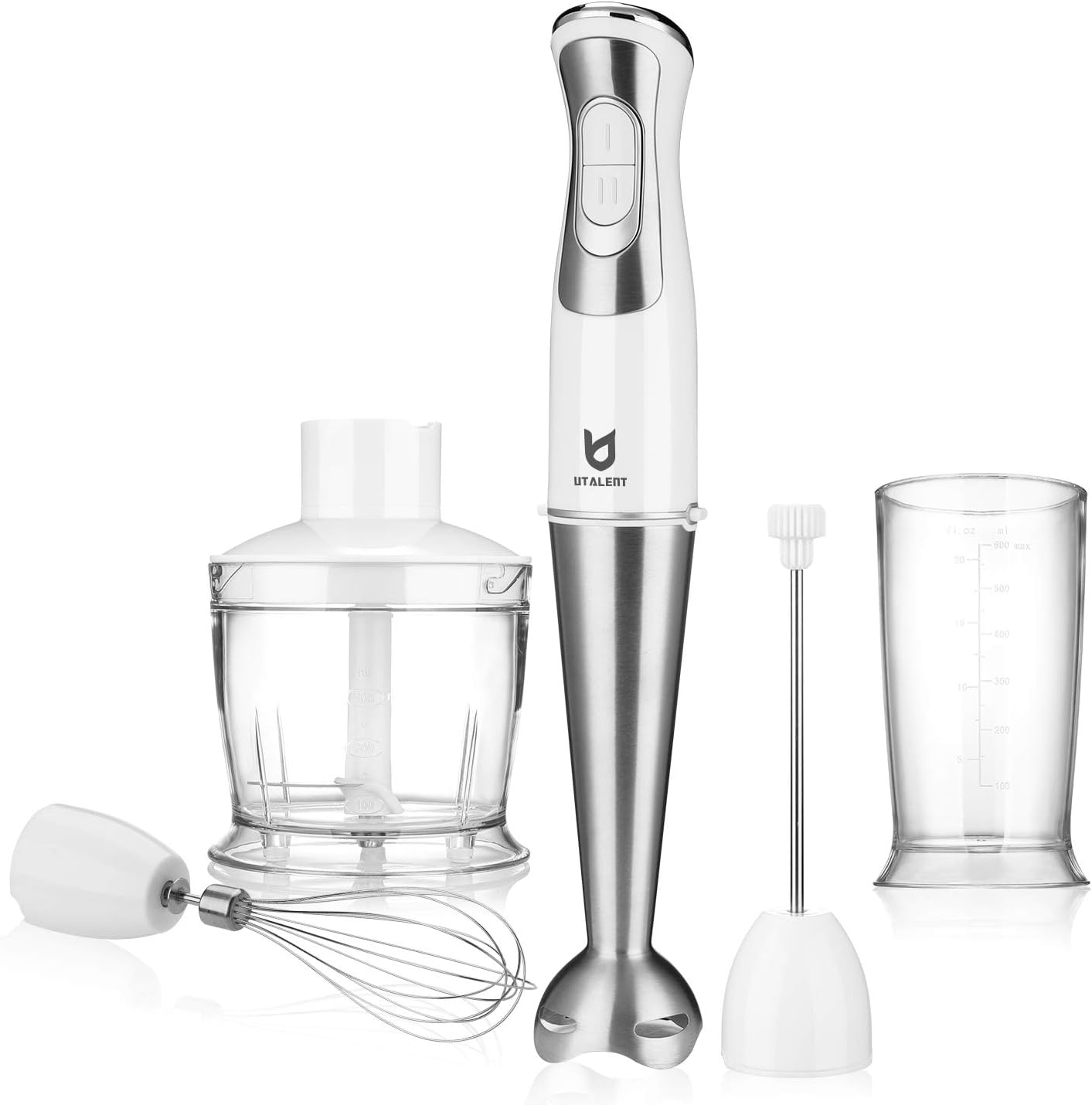 Immersion Hand Blender, UTALENT 5-in-1 8-Speed Stick Blender with 500ml Food Grinder, BPA-Free, 600ml Container,Milk Frother,Egg Whisk ,Puree Infant Food, Smoothies, Sauces and Soups - White Pack of 2