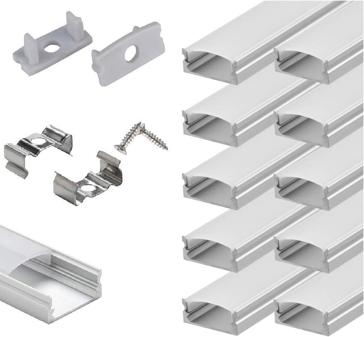 StarlandLed 10-Pack 6.6ft/ 2 Meter U Shape LED Aluminum Channel System with Milky Cover, End Caps and Mounting Clips, Aluminum Profile for LED Strip Light Installations, Very Easy Installation