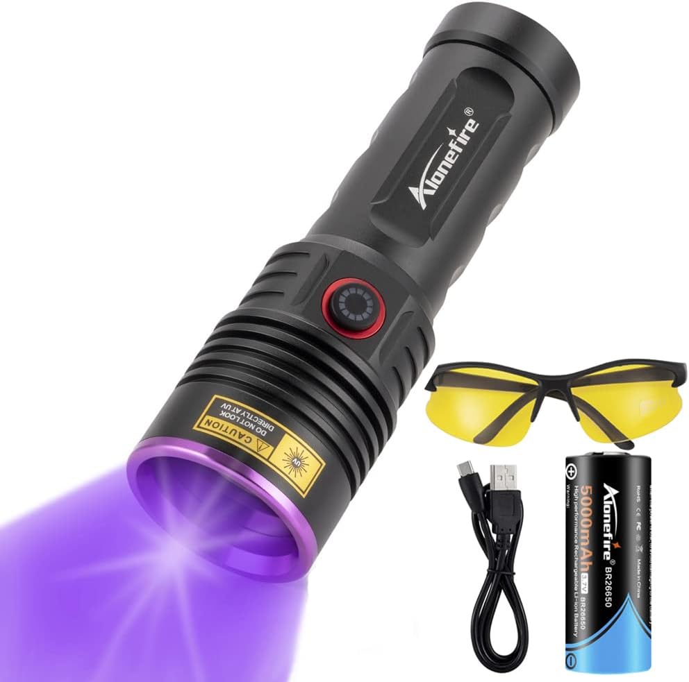 Alonefire SV53 36W 365nm UV Flashlight USB Rechargeable Ultraviolet Black Light Pet Urine Detector for Resin Curing, Fishing, Scorpion, Dry Glue, Minerals with UV Protective Glasses, Battery Included
