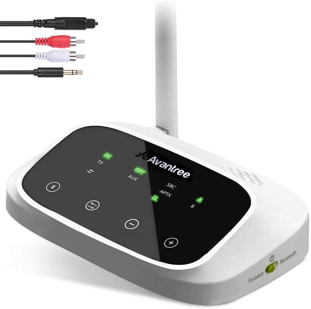 Avantree Oasis B Bluetooth 5.0 Transmitter Receiver for TV, Home Stereo Speakers, Bypass Mode, Class 1 Long Range, LED Indicator, Optical AUX RCA, aptX Low Latency Audio Adapter for 2 Headphones Pack of 2