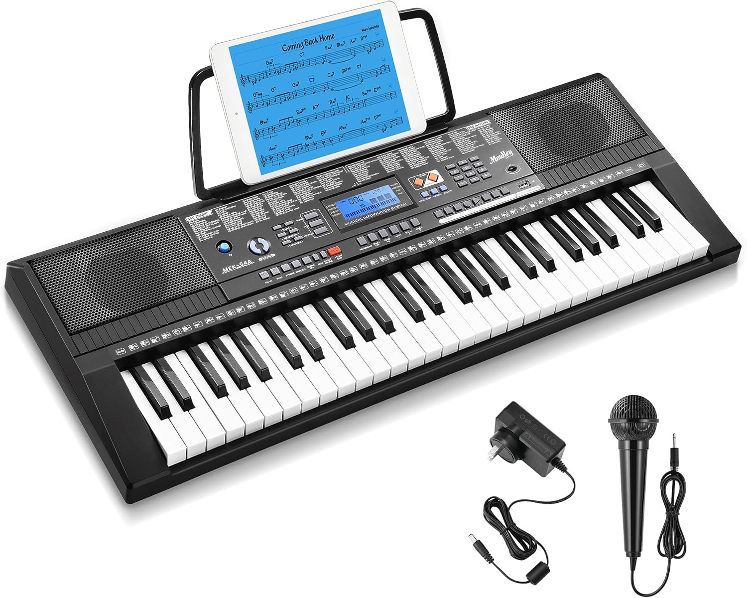 Moukey Keyboard Piano, 54 Key Piano Keyboard for Beginners, Electronic Keyboard with Piano Stand, Music Stand, Stool, Microphone, Headphones, Stickers & Power Supply, Black, Perfect Christmas Gift