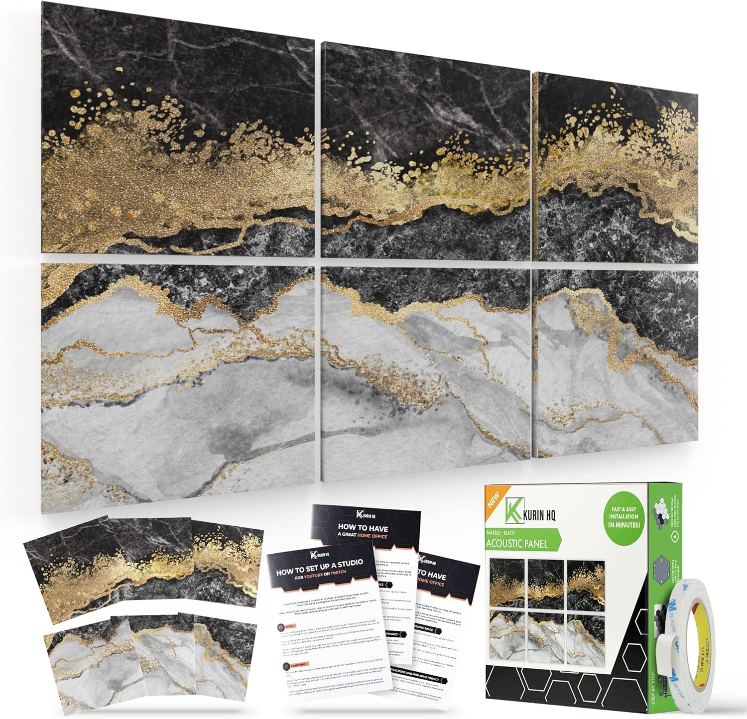 Black Marble Sound Absorbing Wall Art | Premium 6 Sound Blocking Panels with 3M Tape | Luxury Acoustic Panels Decorative