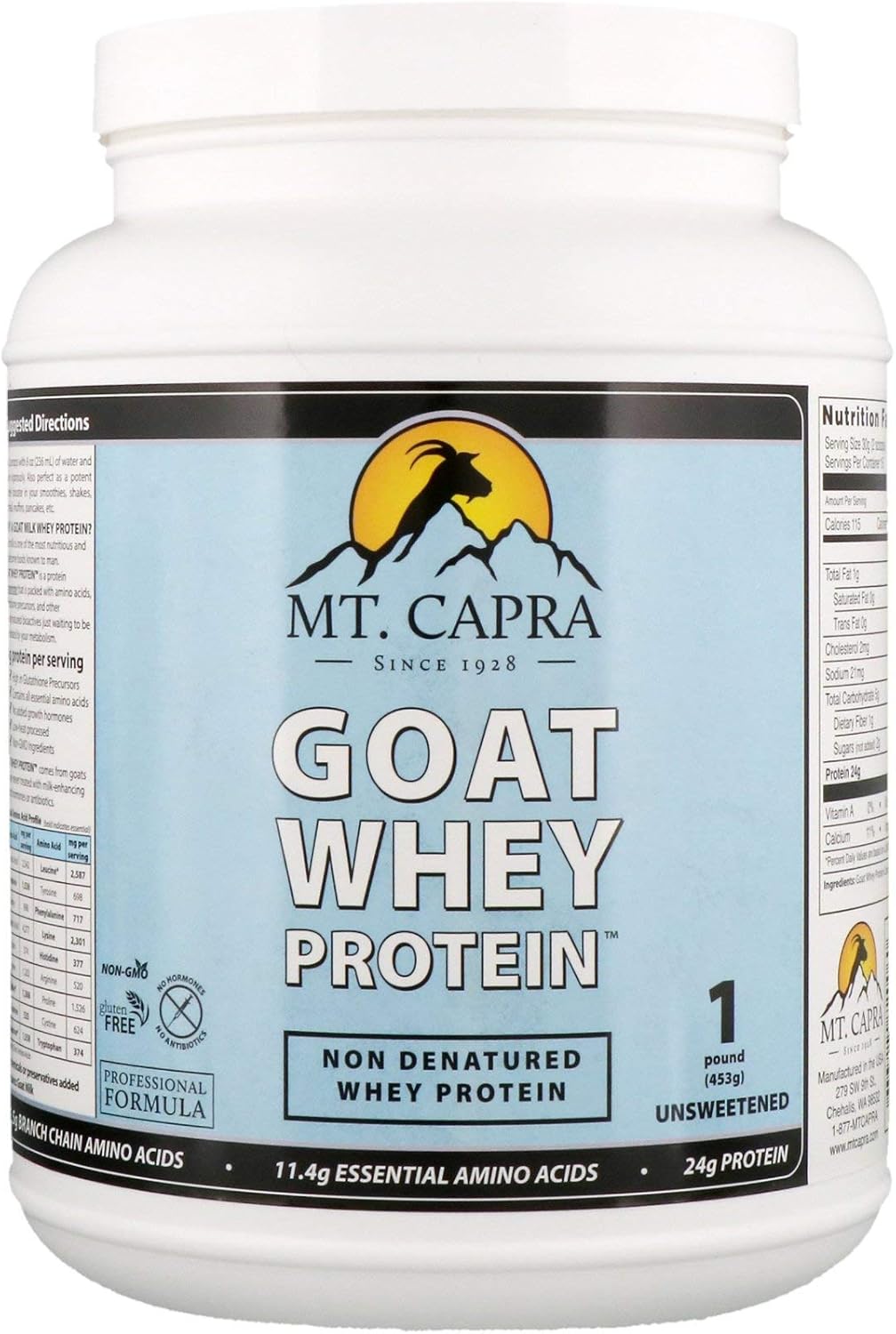 MT. CAPRA Since 1928 Clean Whey Protein | Grass-Fed Undenatured Goat Whey Protein Powder, 24 g Protein Per Serving, All Natural, NonGMO, High in Branch Chain Amino Acids , Unsweetened - 16 Ounce Pack of 2