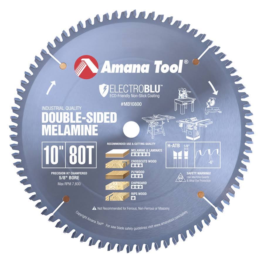 Amana Tool MB10800C Electro-Blu Carbide Tipped Double-Face Melamine 10 inch Dia x 80T H-ATB, -6 Deg, 5/8 Bore, Non-Stick Coated