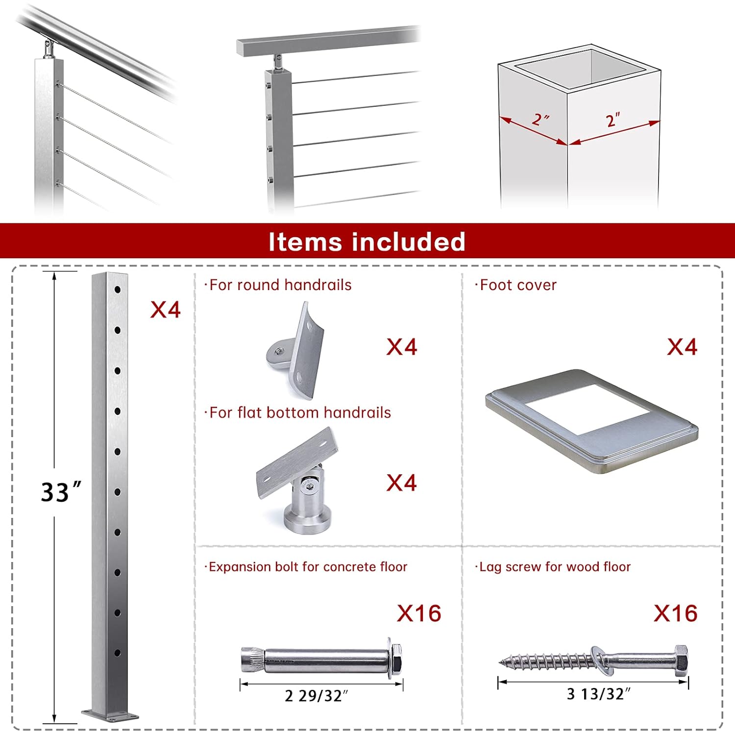 Muzata 4Pack Cable Railing Post Square Weldless Flat top 36''x2''x2'' Stainless Steel Brushed Pre-Drilled Posts Wood Concrete Surface Mount Deck Balustrade Invisible PS01 LH4S, PT1 PT2 PT6