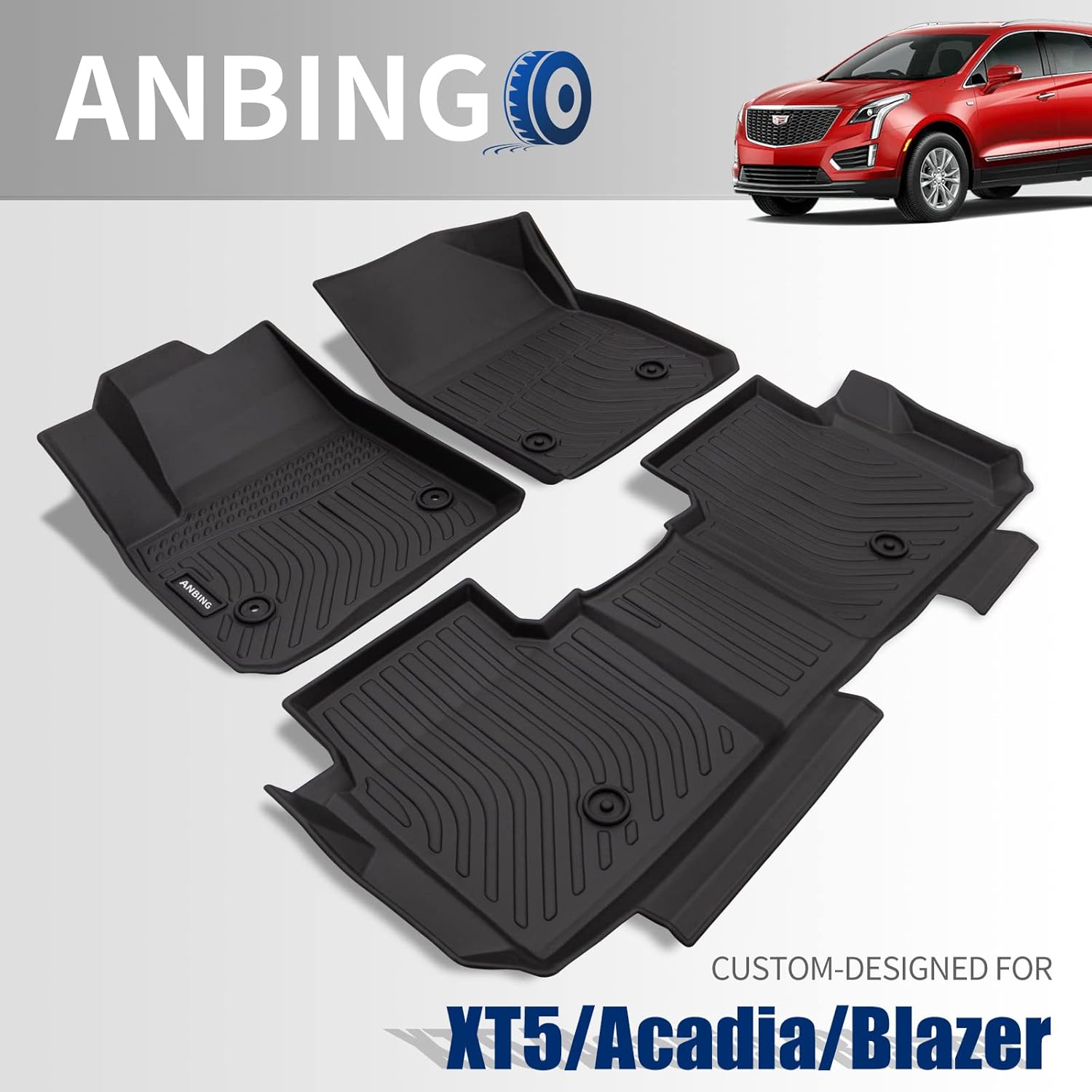 ANBINGO Floor Mats Custom for Cadillac XT5 2017-22/GMC Acadia 17-22/Chevrolet Blazer 19-22 Waterproof Car Mats All Weather Guard TPE Automotive Floor Liners Front& Rear Row Full Set Accessories Black