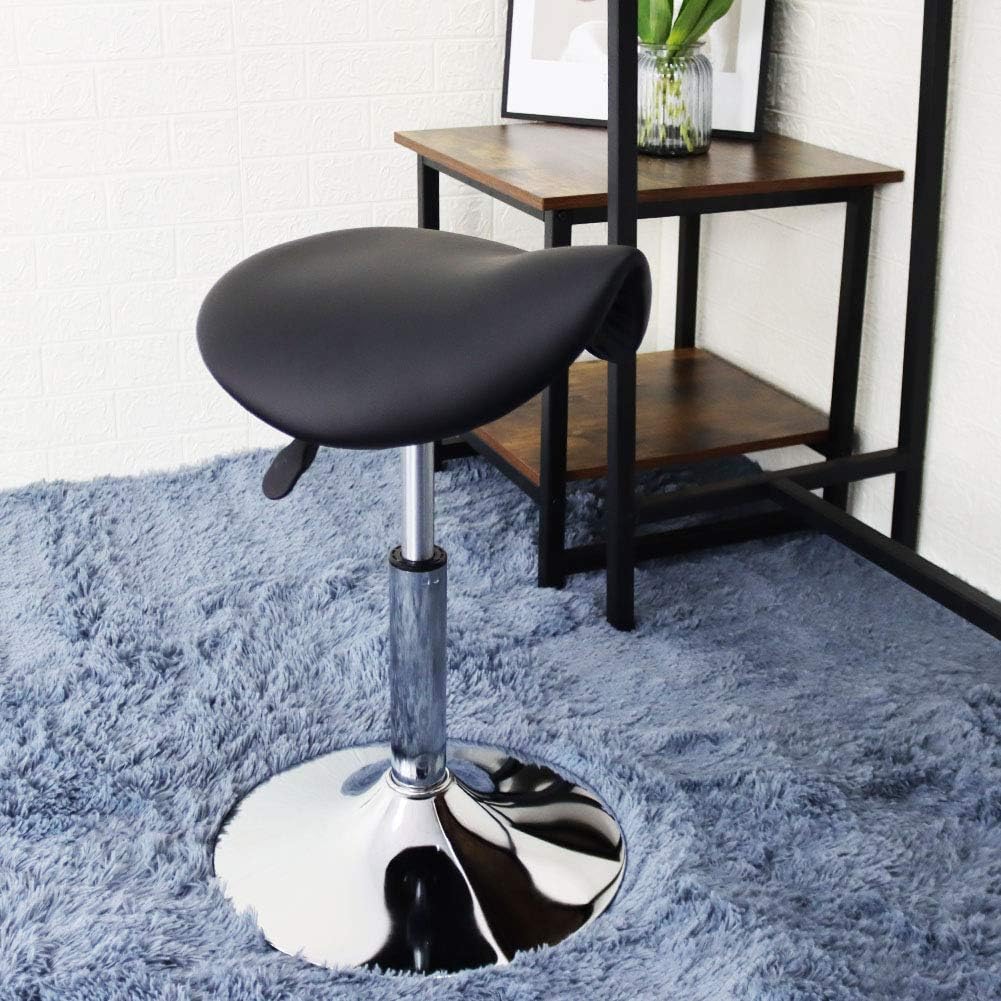 FURWOO Saddle Stool Chair PU Leather Saddle Chair Office Stool Height Adjustable Short Counter Stool No Wheels Swivel Sitting Seat Salon Stool Tattoo Stool(Black)