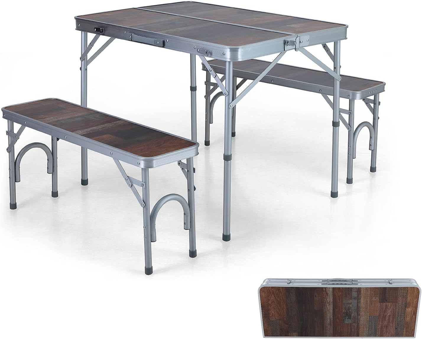 ALPHA CAMP 3PCS Folding Table and Benches Set 4FT Aluminum Height Adjustable Camping Table Portable Picnic Dining Table Lightweight Folding Card Table w/Handle for Indoor Outdoor Patio Backyard Party