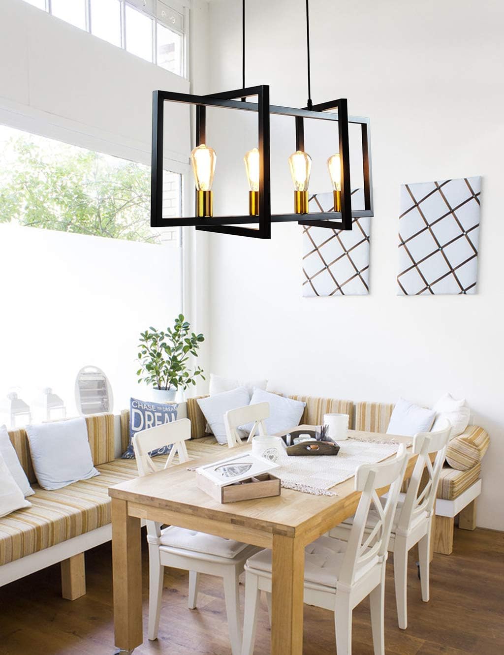 LMSOD 4-Light Kitchen Island Pendant Light Modern Chandelier Industrial Ceiling Lighting Fixture Matte Black with Antique Brass Finish