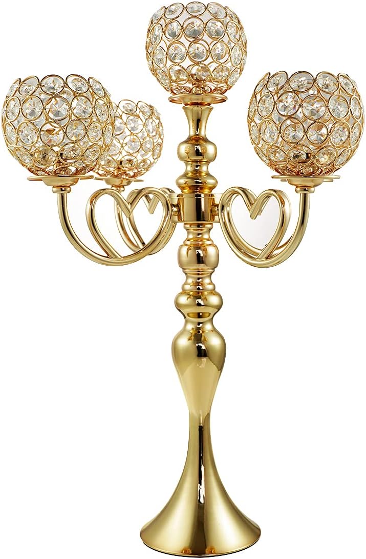 VINCIGANT 5 Arms Gold Candelabra/Crystal Candle Holders for Wedding Home Holiday Table Centerpieces Decoration Pack of 2