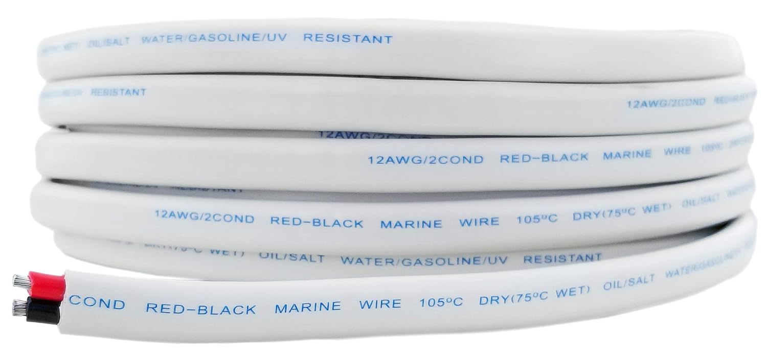 GS Power Marine Wire &ndash; 100ft, 12 AWG, Red and Black Sheathed, Tinned Copper Duplex Boat Wire