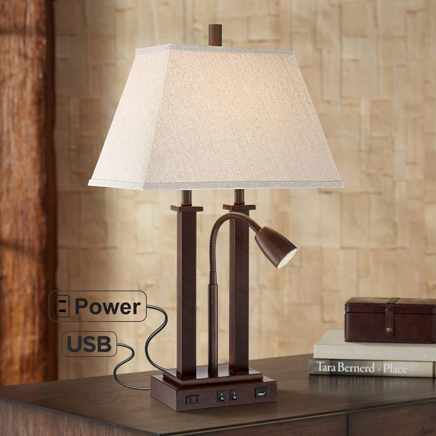 Deacon Modern Desk Table Lamp with USB and AC Power Outlet in Base Gooseneck LED Bronze Rectangular Linen Shade for Living Room Bedroom House Bedside Nightstand Home Office - Possini Euro Design
