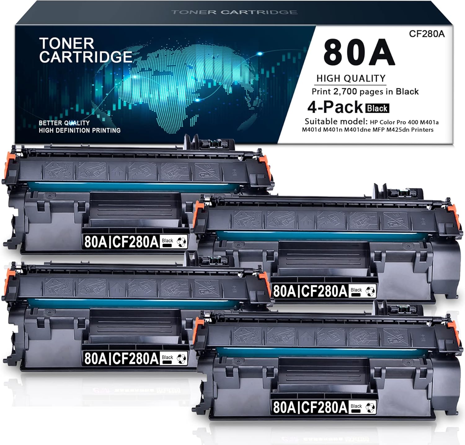 (4 Pack,Black) Compatible Toner Cartridge 80A | CF280A Replacement for HP Color Pro 400 M401a M401d M401n M401dne MFP M425dn Printers Toner -by Sulfuink