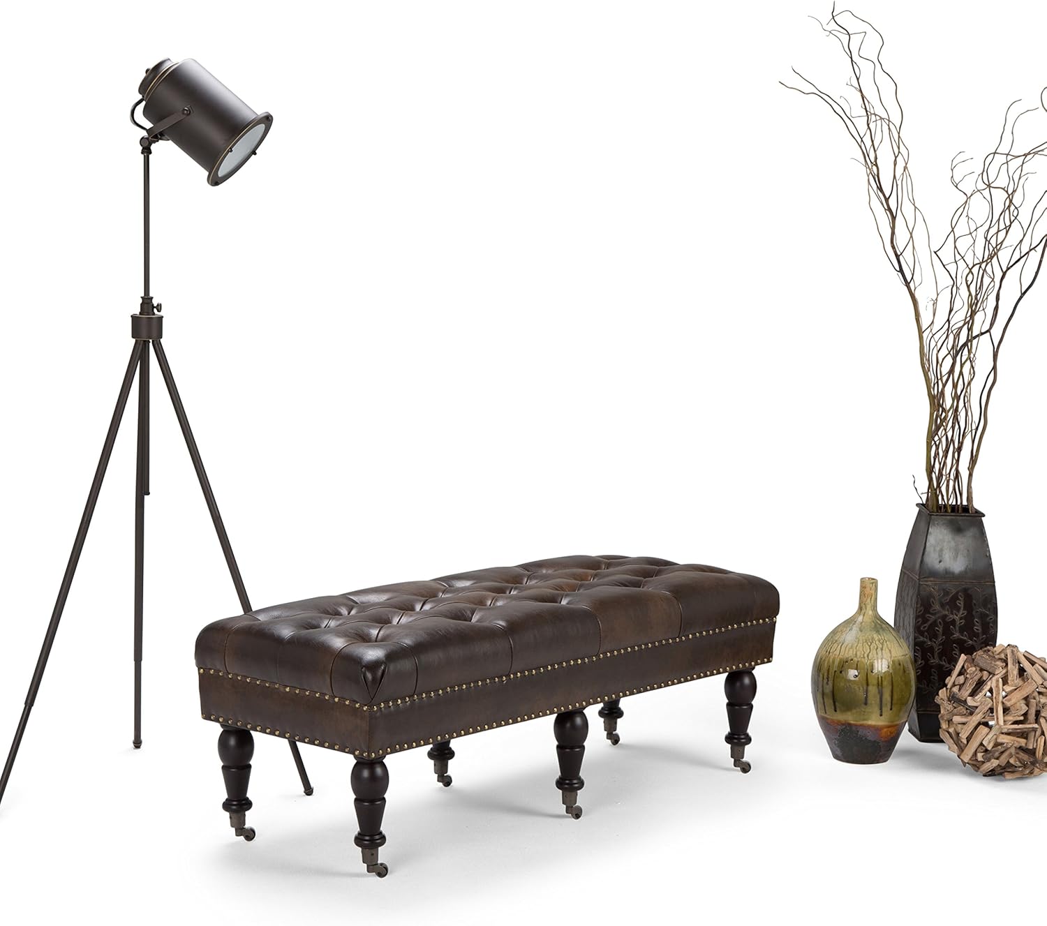 SIMPLIHOME Henley 49 inch Wide Traditional Rectangle Tufted Ottoman Bench in Distressed Black Faux Leather, for Living Room, Bedroom