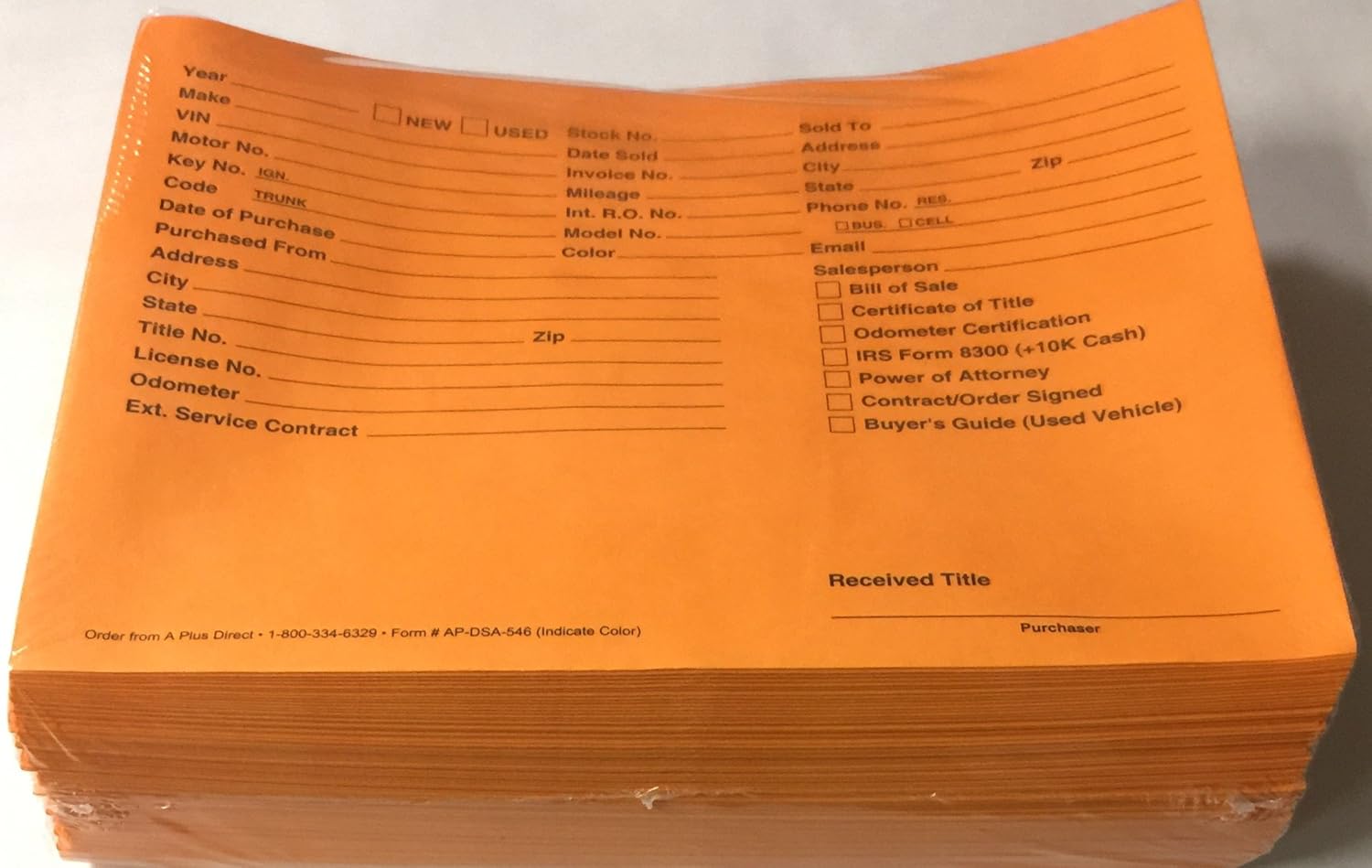 A Plus Auto Dealer Vehicle Paper File Jackets Orange DSA-546, Quantity 500 (U6)