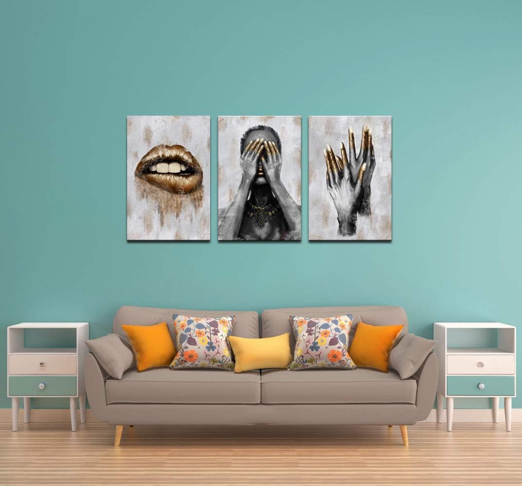 sechars - 3 Panel Wall Art Black Woman with Golden Lip Nails Painting Canvas Prints for Living Room Beauty Salon Decorations Contemporary Grey and Gold Art Stretched Ready to Hang