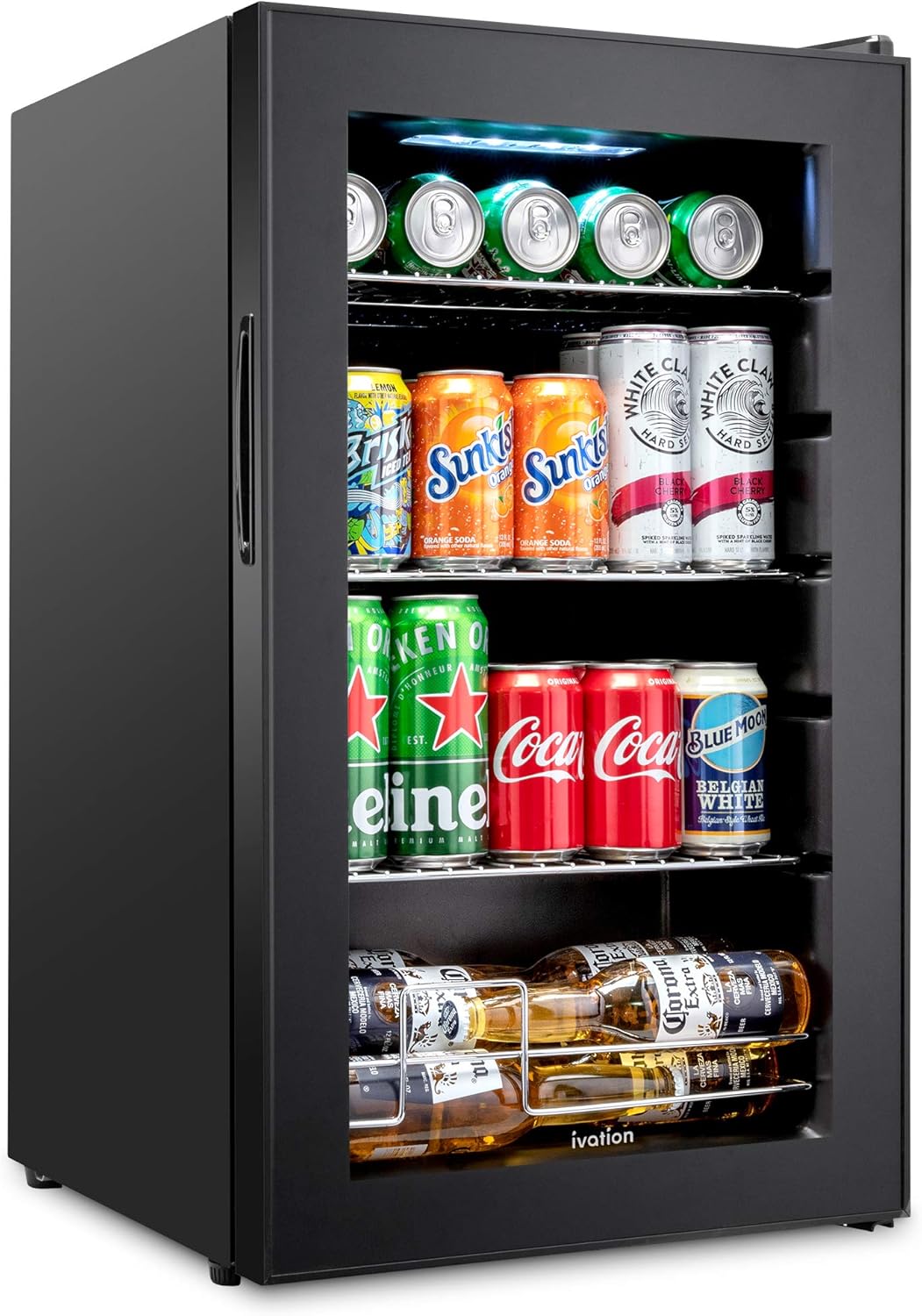 Ivation 101 Can Beverage Refrigerator | Freestanding Ultra Cool Mini Drink Fridge | Beer, Cocktails, Soda, Juice Cooler for Home & Office | Reversible Glass Door & Adjustable Shelving - Black