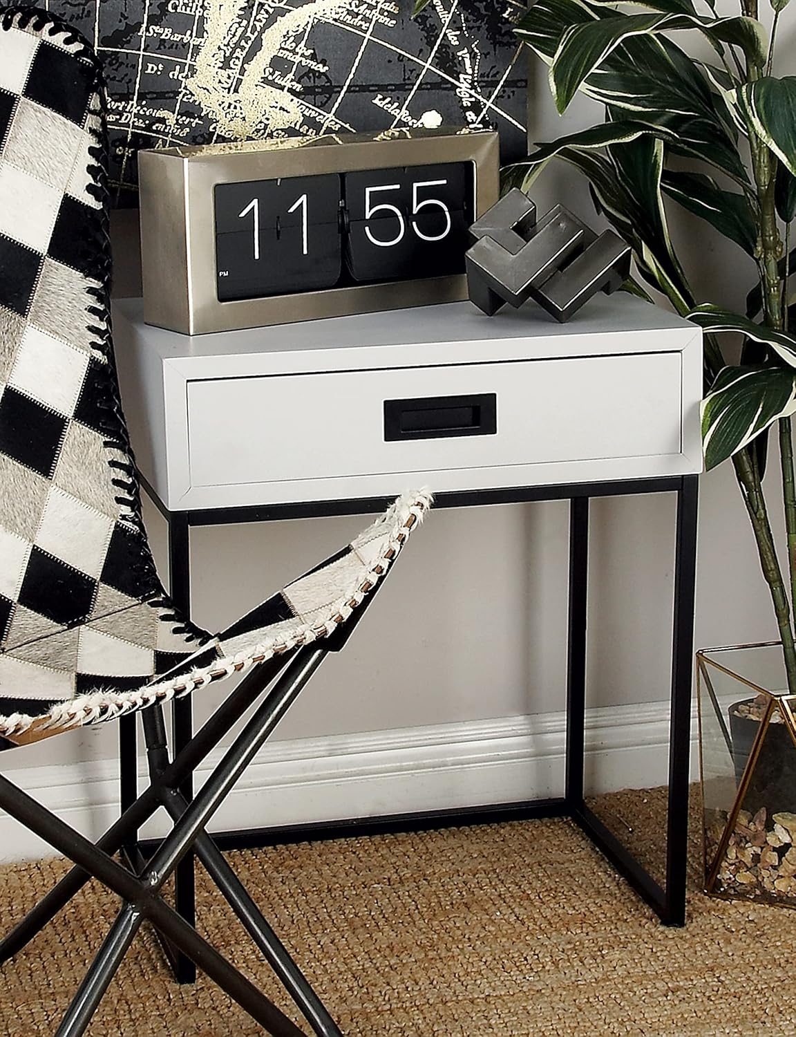 Benzara Wood Metal Side Table, White/Black