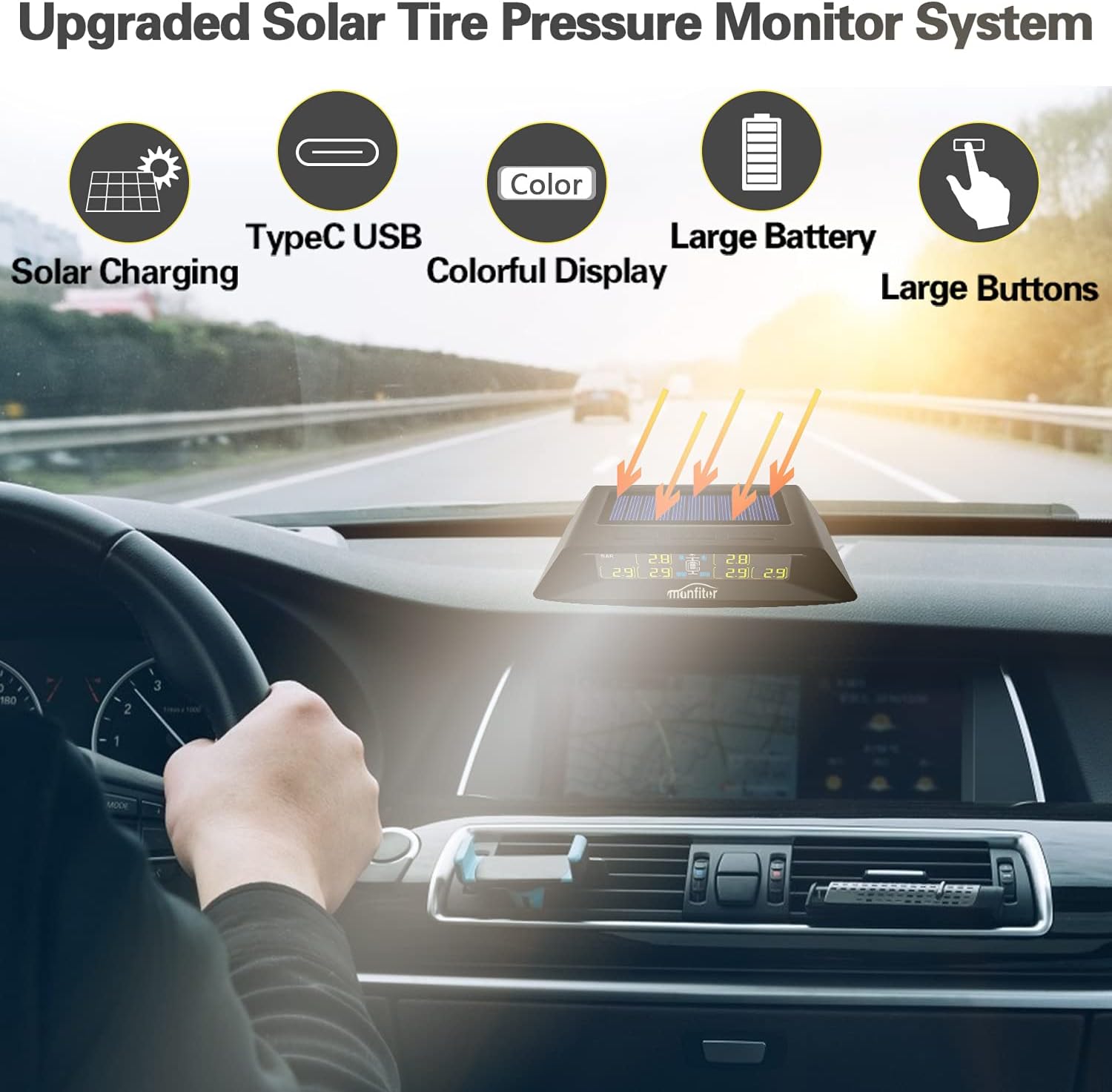 Tire Pressure Monitoring System for RV Trailer Camper Car, Solar / USB Charge, 5 Alarm Modes, Auto Backlight & Sleep & Awake Mode, with 6 External Tire Pressure Sensor (0-199psi) and 1 Signal Repeater