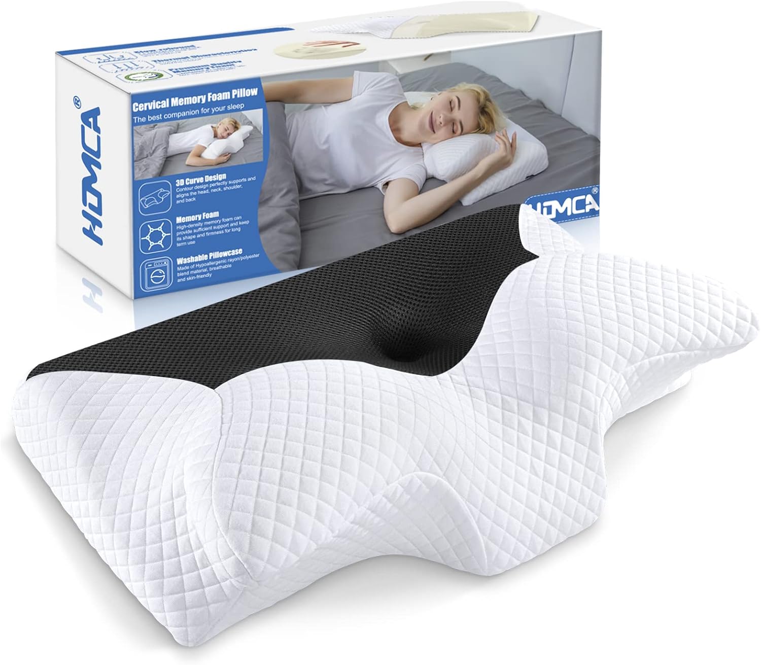 HOMCA Cervical Pillow Memory Foam Pillows - Contour Memory Foam Pillow for Neck Pain Relief, Orthopedic Neck Bed Pillow for Side Sleepers Back and Stomach (White)