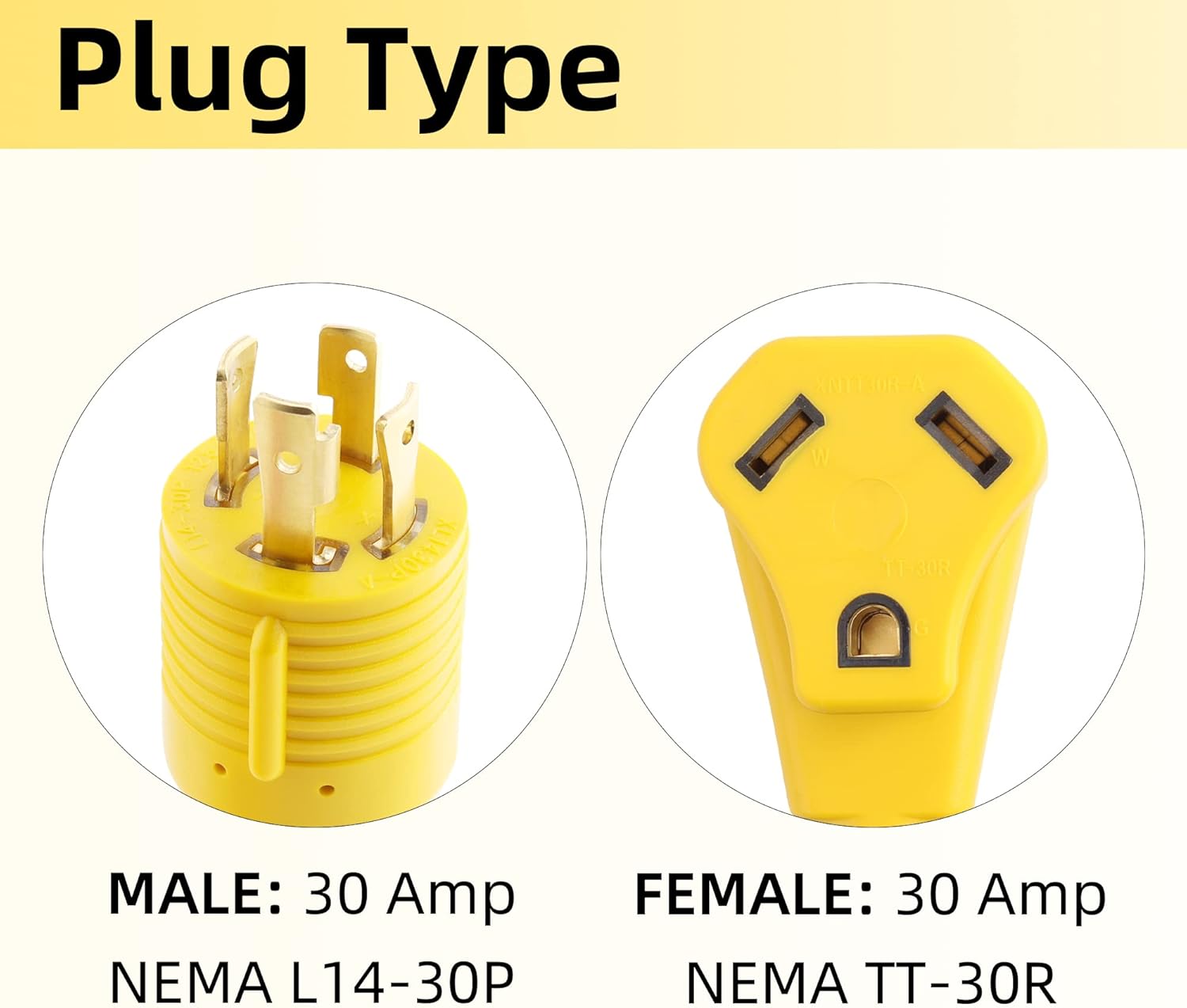 Generator Adapter Cord, L14-30P Locking Male Plug to TT-30R Female with Handle, 4 Prong 30 Amp to 30 Amp Up to 7500W SJTW 10/3 Generator Cord, UL Pack of 2