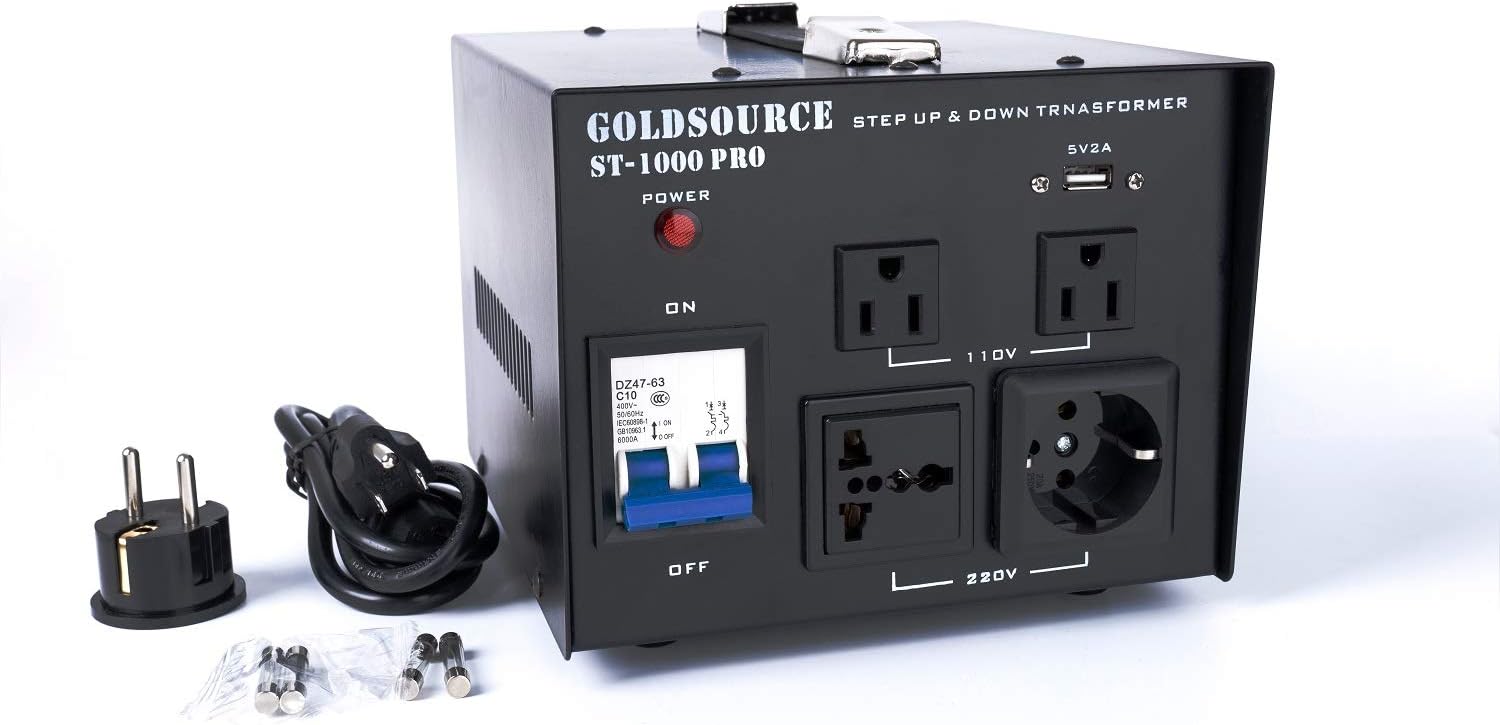 1000W ST-Pro Auto Step Up & Step Down Voltage Transformer Converter, Heavy-Duty AC 110/220V Converter with US Standard, Universal, Schuko AC Outlets & DC 5V USB Port by Goldsource [3-Year Warranty] Pack of 2