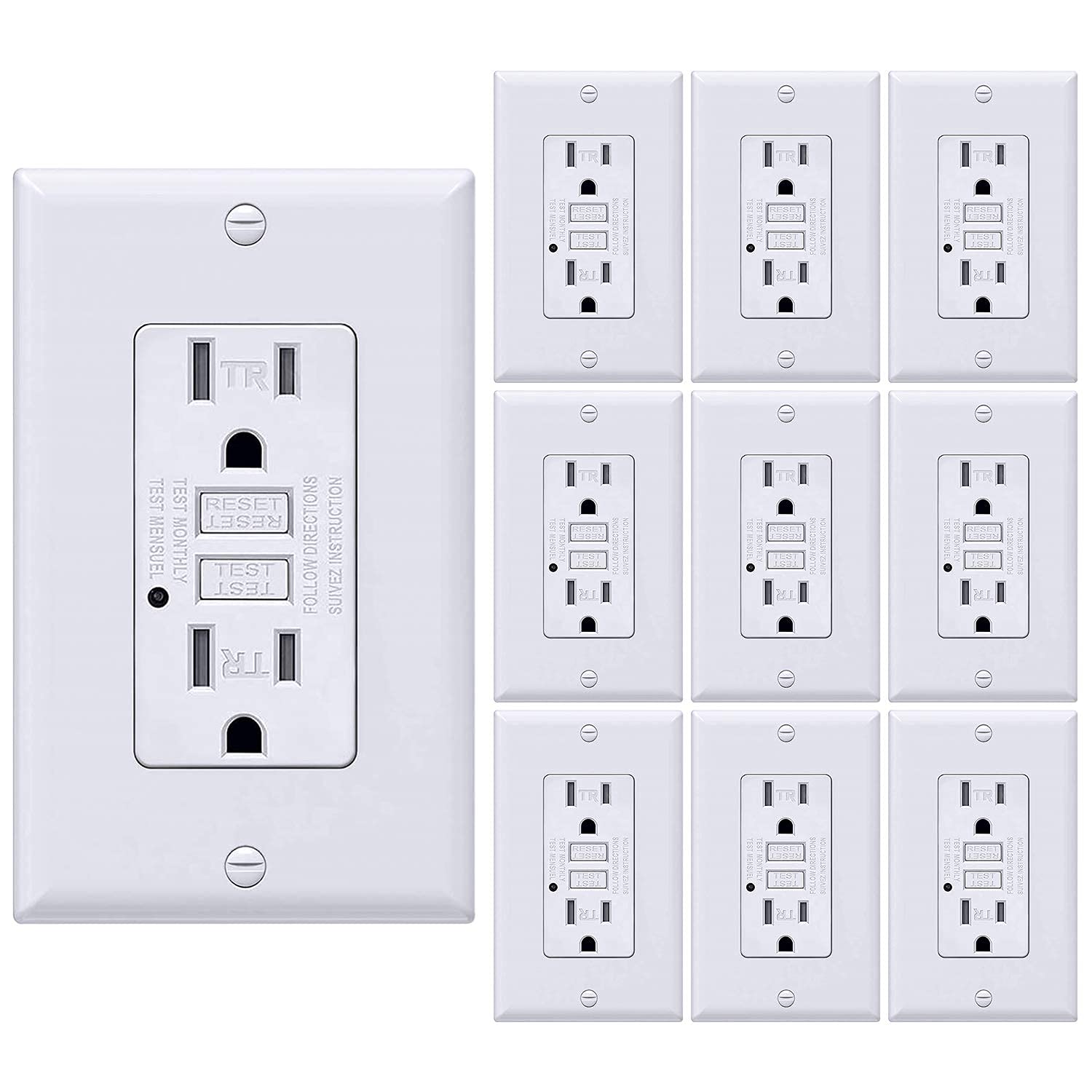 [10 Pack] BESTTEN 15 Amp GFCI Receptacle Outlet, Tamper-Resistant (TR) GFI Outlet with LED Indicator, Ground Fault Circuit Interrupter, Wallplate Included, ETL Certified, White