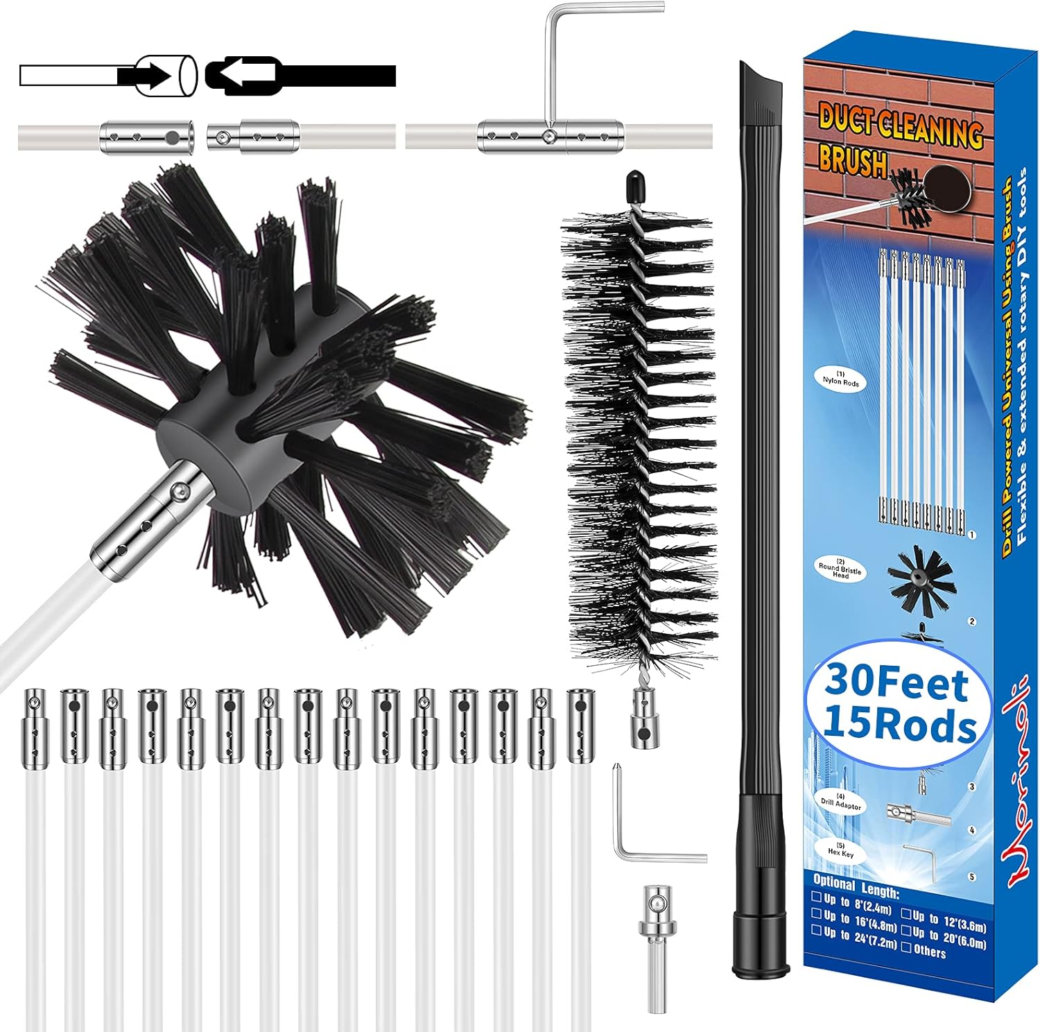 Morinoli 30 Feet Dryer Vent Cleaning Kit, Chrome Button Locking System, Lint Remove, Dryer Duct Cleaning Kit, Dryer Vent Cleaner Kit Vacuum Attachment, Dryer Vent Nozzle Hose Attachment Pack of 2