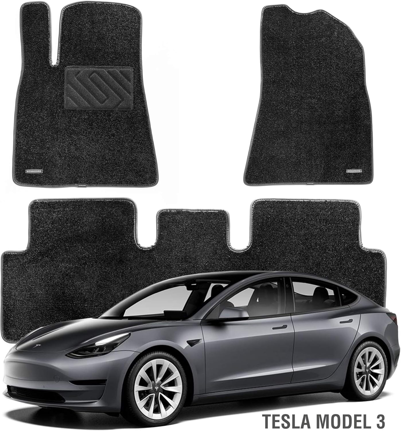 WENNEBIRD Superior Carpet Floor Mats for Tesla Model 3 2017-2022 , Custom Fit Car Floor Liners - Black
