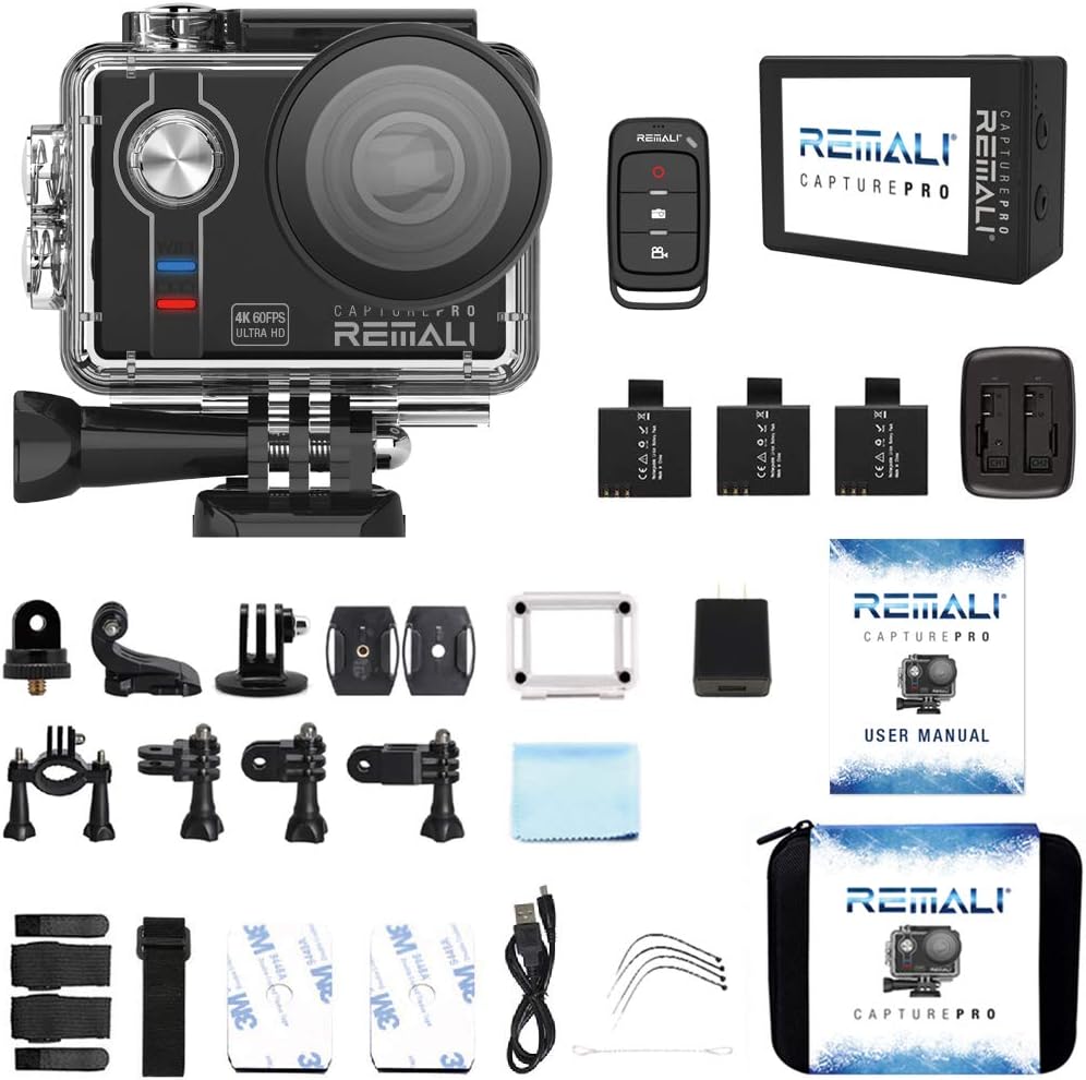 REMALI CapturePro 4K/60fps 20MP Waterproof Sports Action Camera Kit with Carrying Case + 3 Batteries, WiFi, 2