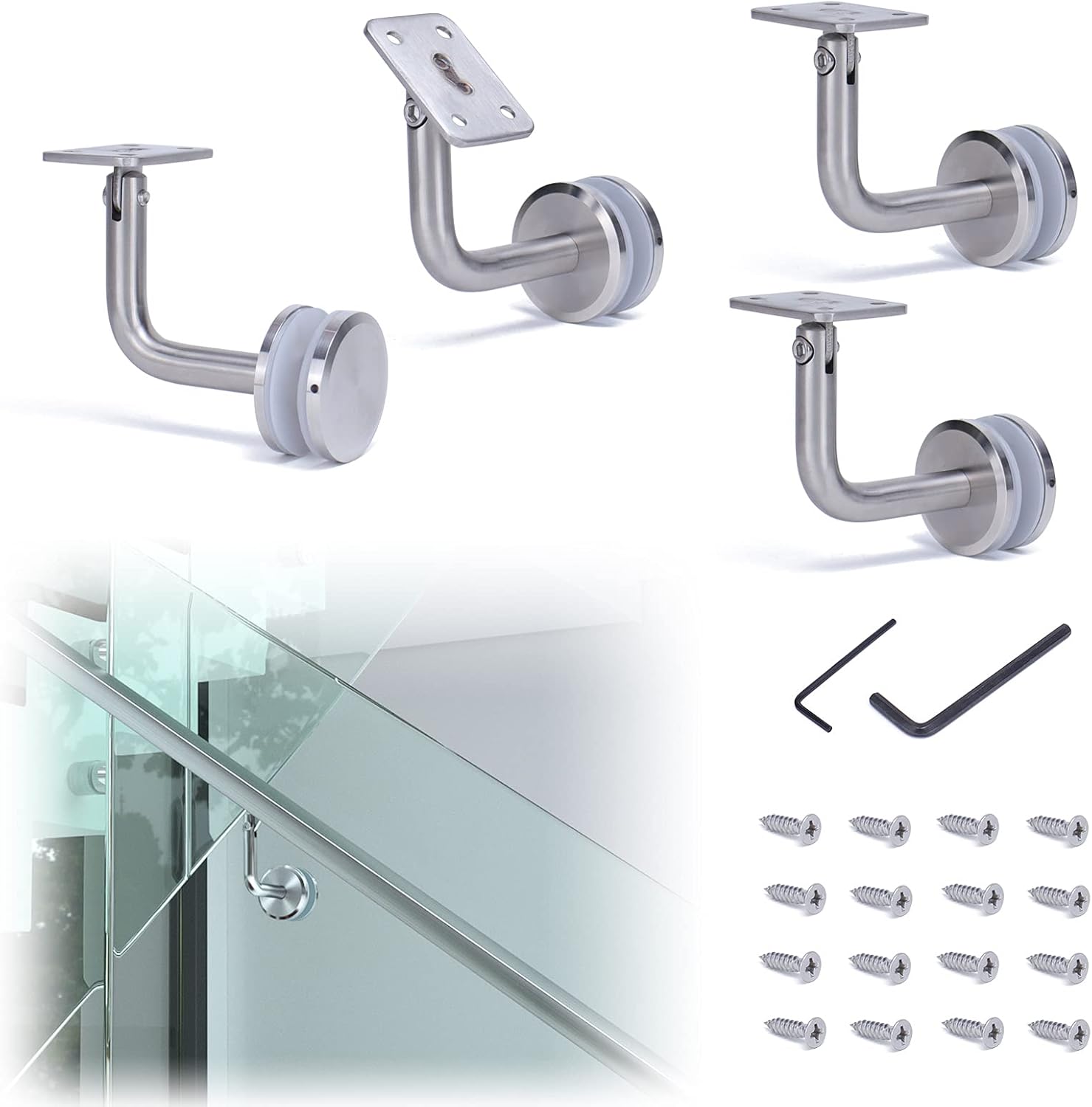 Muzata 4Pack Adjustable Handrail Brackets for Stair Staircase Square Flat Top Glass Railing System Stainless Steel, HB07, GR1 SL4 HR6 Pack of 2