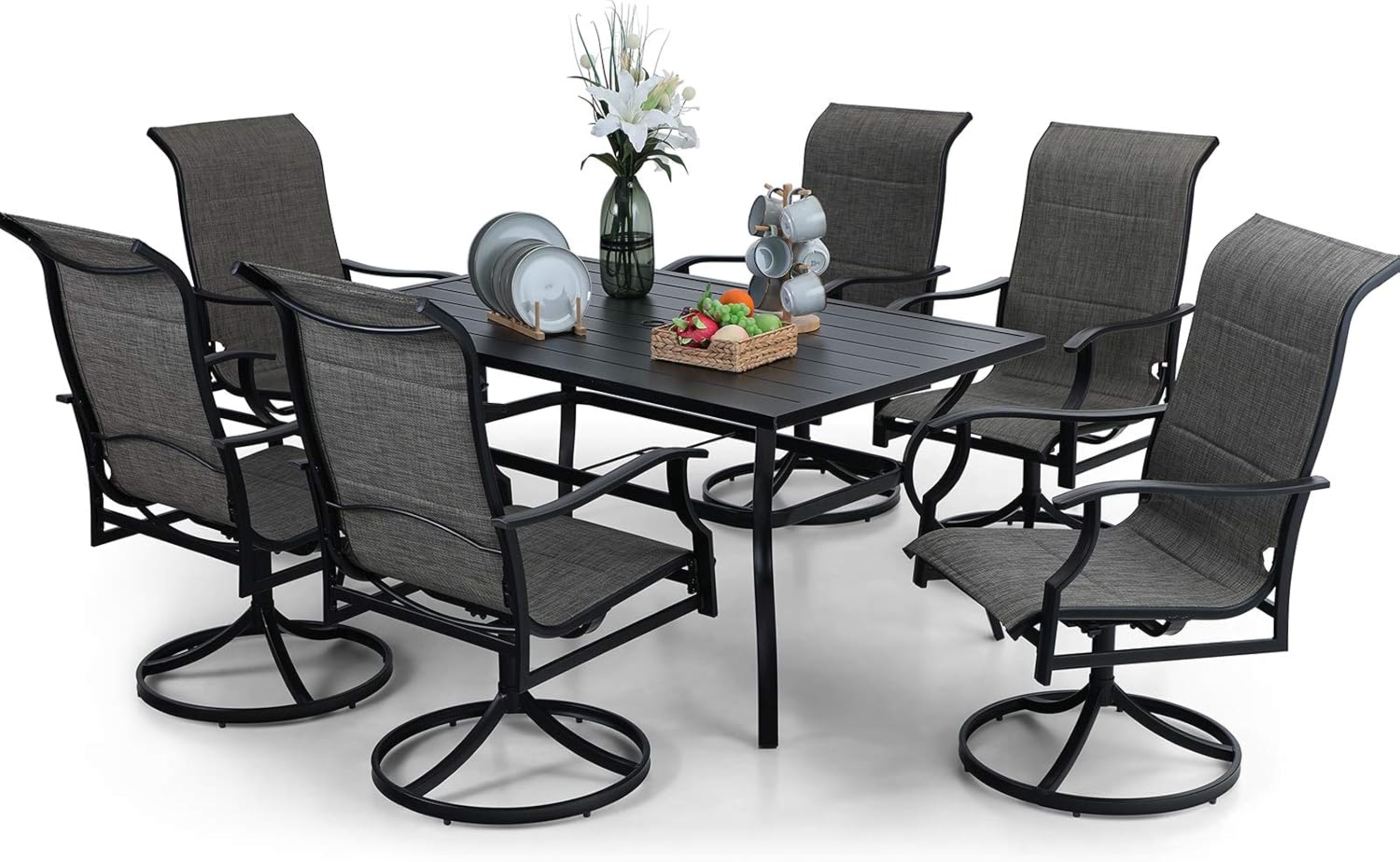 PHI VILLA 7 PCS Patio Dining Set with Large Metal Table & 6 Pack Padded Outdoor Swivel Chairs, 6 Person Outdoor Dining Furniture Set for Patio, Lawn, Garden, Porch