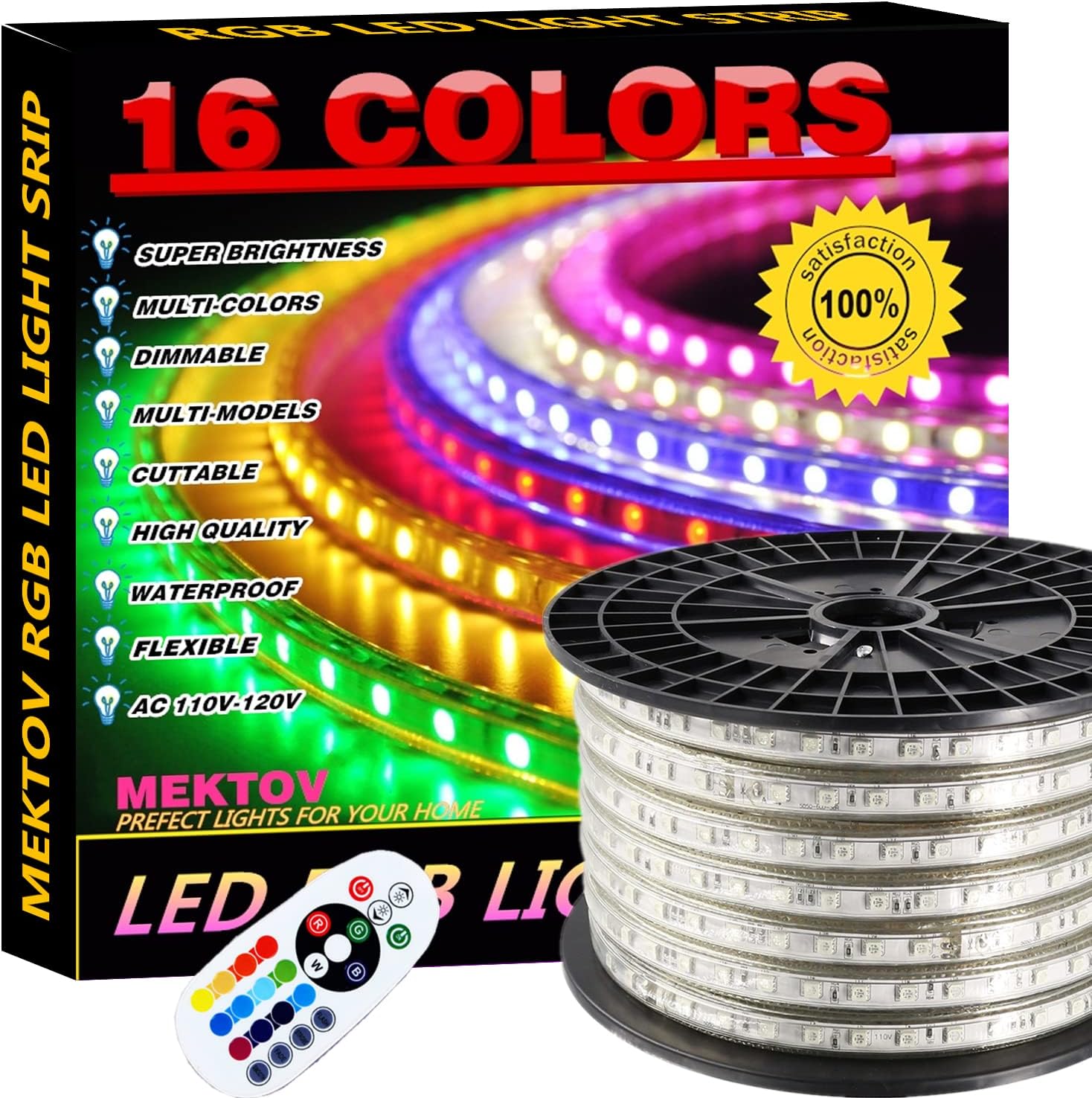Mektov AC 110V Home Decoration 5050 RGB LED Strip Lights, Multi-Colors/Dimmable/Multi-Modes/Waterproof/Flexible LED Rope Light with Remote (32.8ft/10m, RGB) Pack of 2