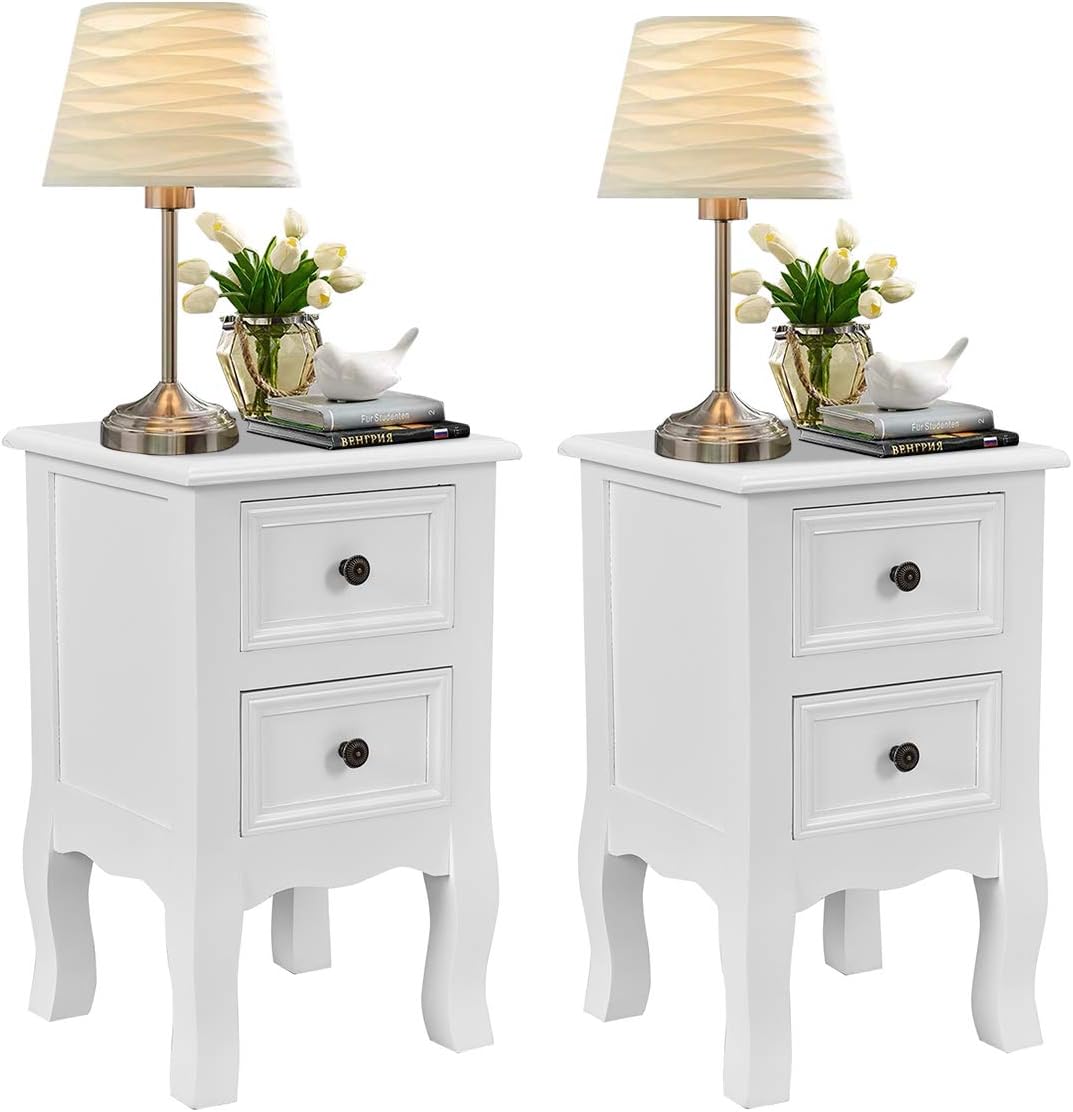 Giantex Nightstand Wooden Mini W/ 2 Storage Drawers for Living Room Bedroom Kid's Room Storage Accent Home Funiture End Table (2, White)