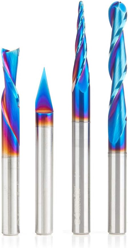 Amana Tool AMS-188-K 4-Pc CNC Solid Carbide Spektra Extreme Tool Life Coated Signmaking/Engraving CNC Router Bit Pack 1/4 Inch Shank