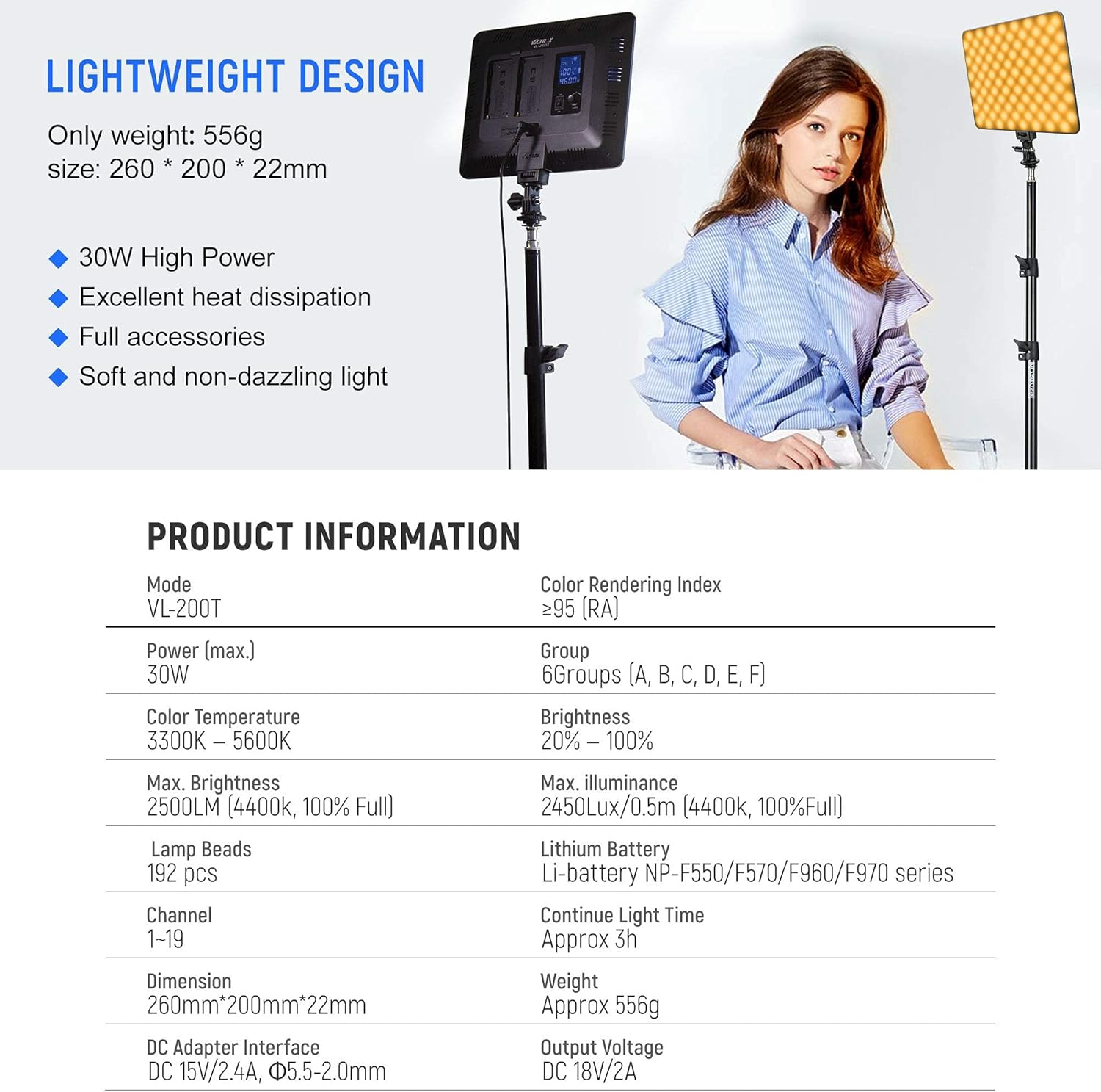 VILTROX 2 Packs LED Video Light kit with Light Stand and Wireless Remote, 30W/2450Lux Dimmable 3300K-5600K LED Panel Lights CRI 95+ for Photography Video Portrait Conference Vlog Streaming（VL-200T）