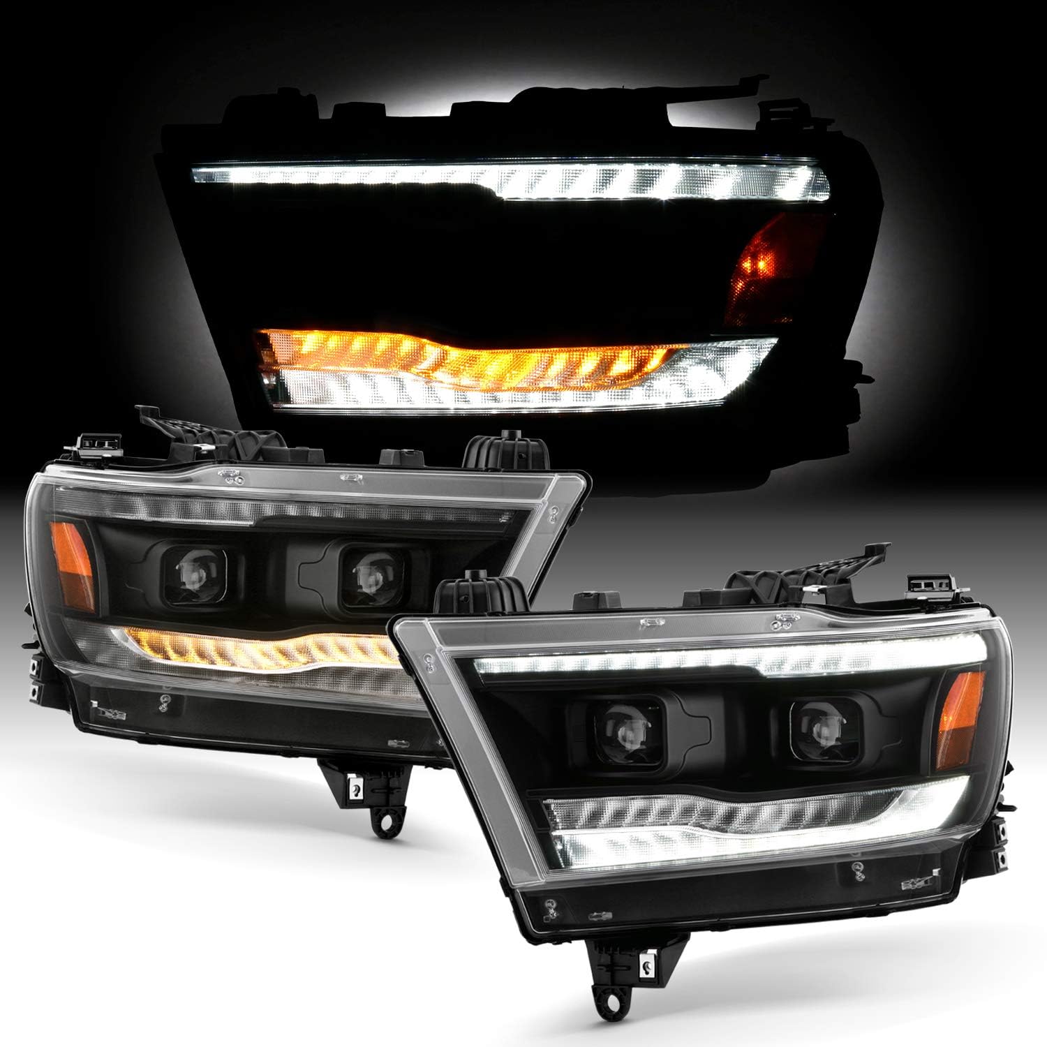 AKKON - Fits 2019-2022 RAM 1500 [Halogen Type] Black Headlights Pair w/LED High&Low Beam + Sequential Signal + Running Tube