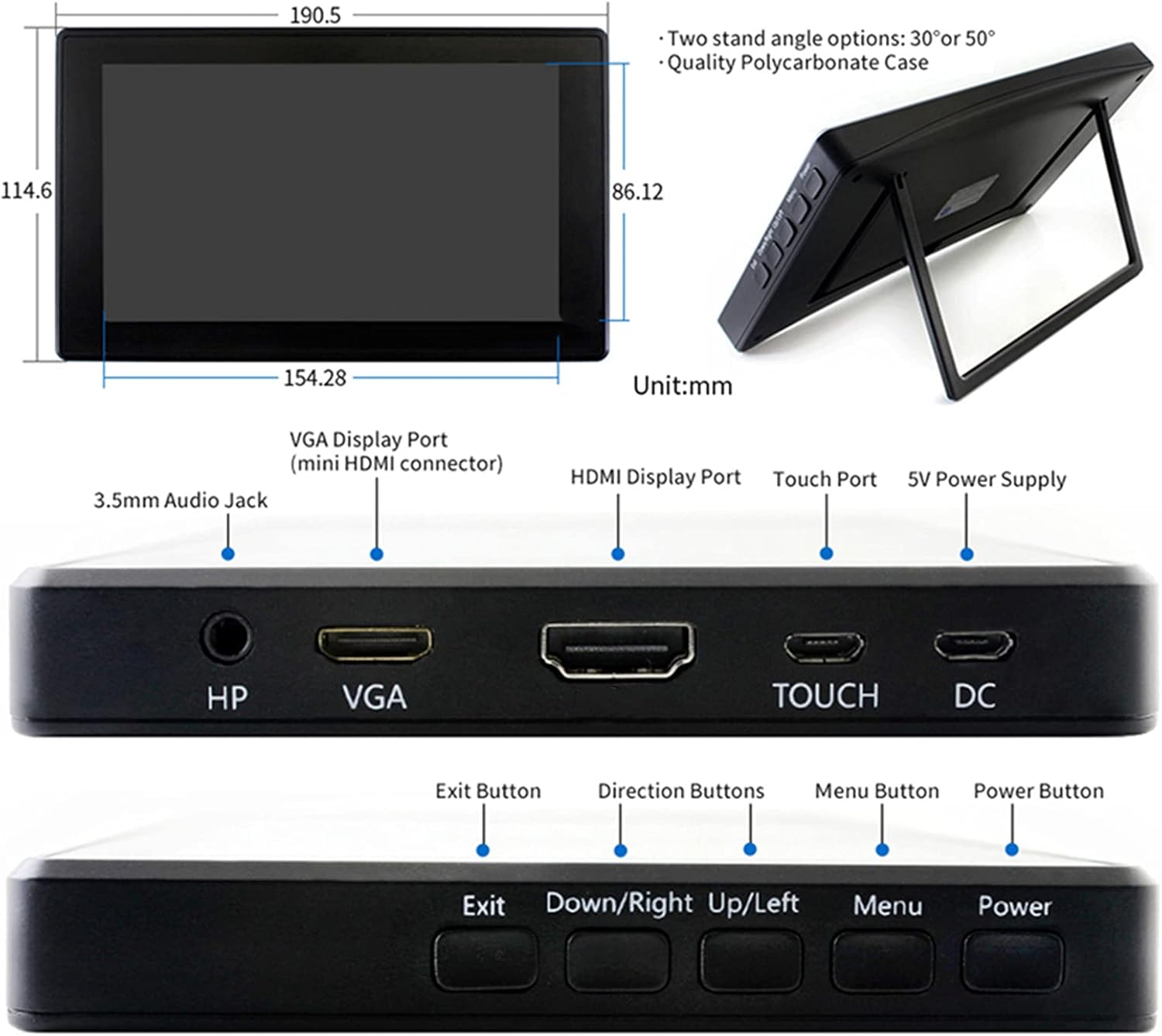 Capacitive Touch Screen, High Definition Touch Screen Multilingual Touch Monitor Tempered Glass Panel LCD Touchscreen Monitor 7‑inch for Display for DIY