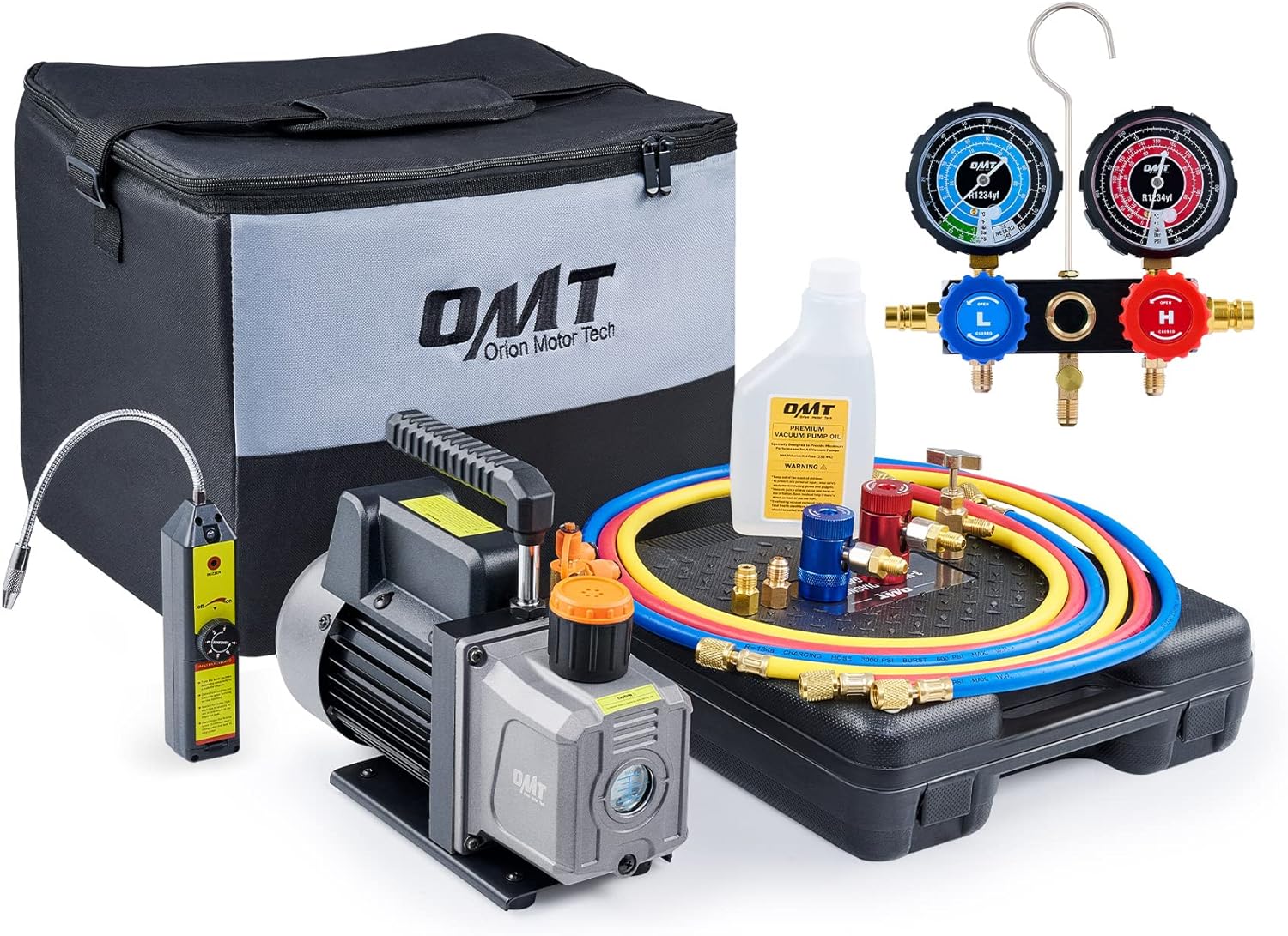 Orion Motor Tech R1234yf AC Gauges and Vacuum Pump, with Leak Detector 5FT Hoses R1234yf can tap R1234yf Quick Couplers, 4 cfm Vacuum Pump and Manifold Gauge Set, 1/3 HP Vacuum Pump R1234yf Gauge Set